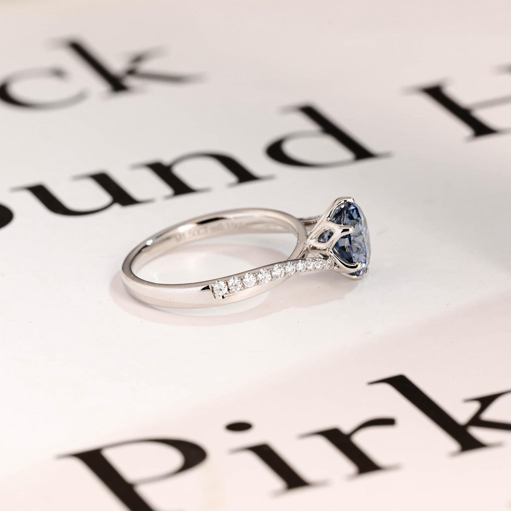 Solid Gold Round Cut Blue Moissanite Engagement Ring, Tulip Floral Bridal Ring