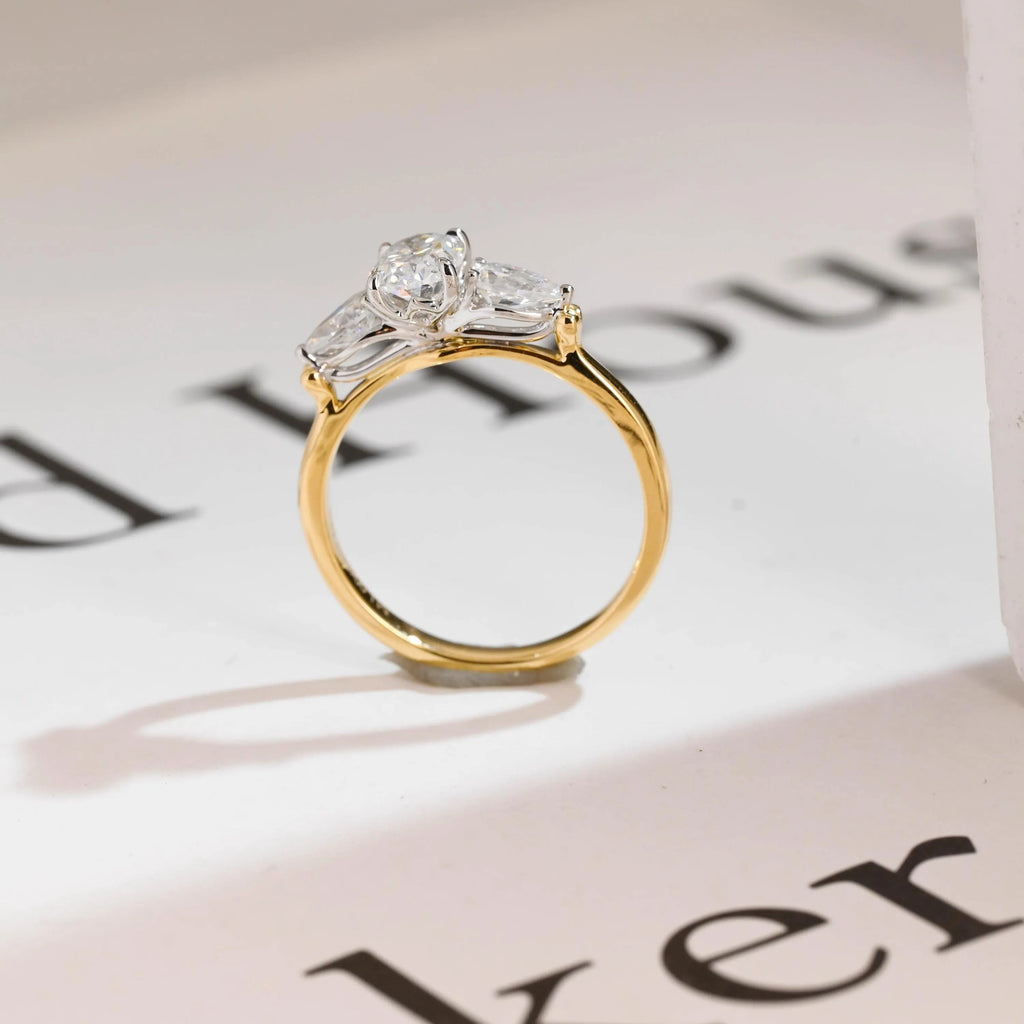 Solid Gold Oval Moissanite Engagement Ring, Three Stone Promise Ring
