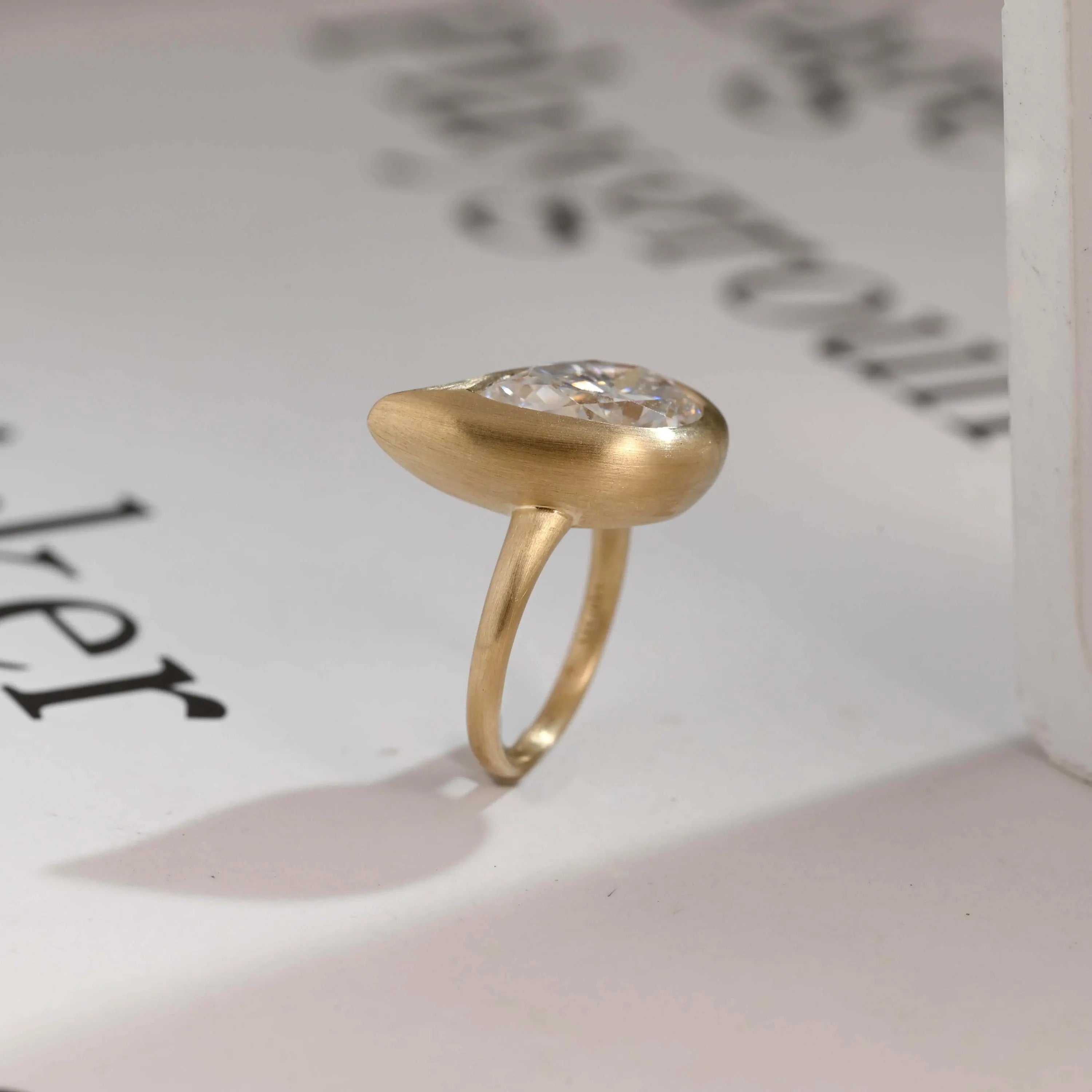 Solid Gold Pear Moissanite Engagement Ring, Bezel Set Brushed Finish Secondary image