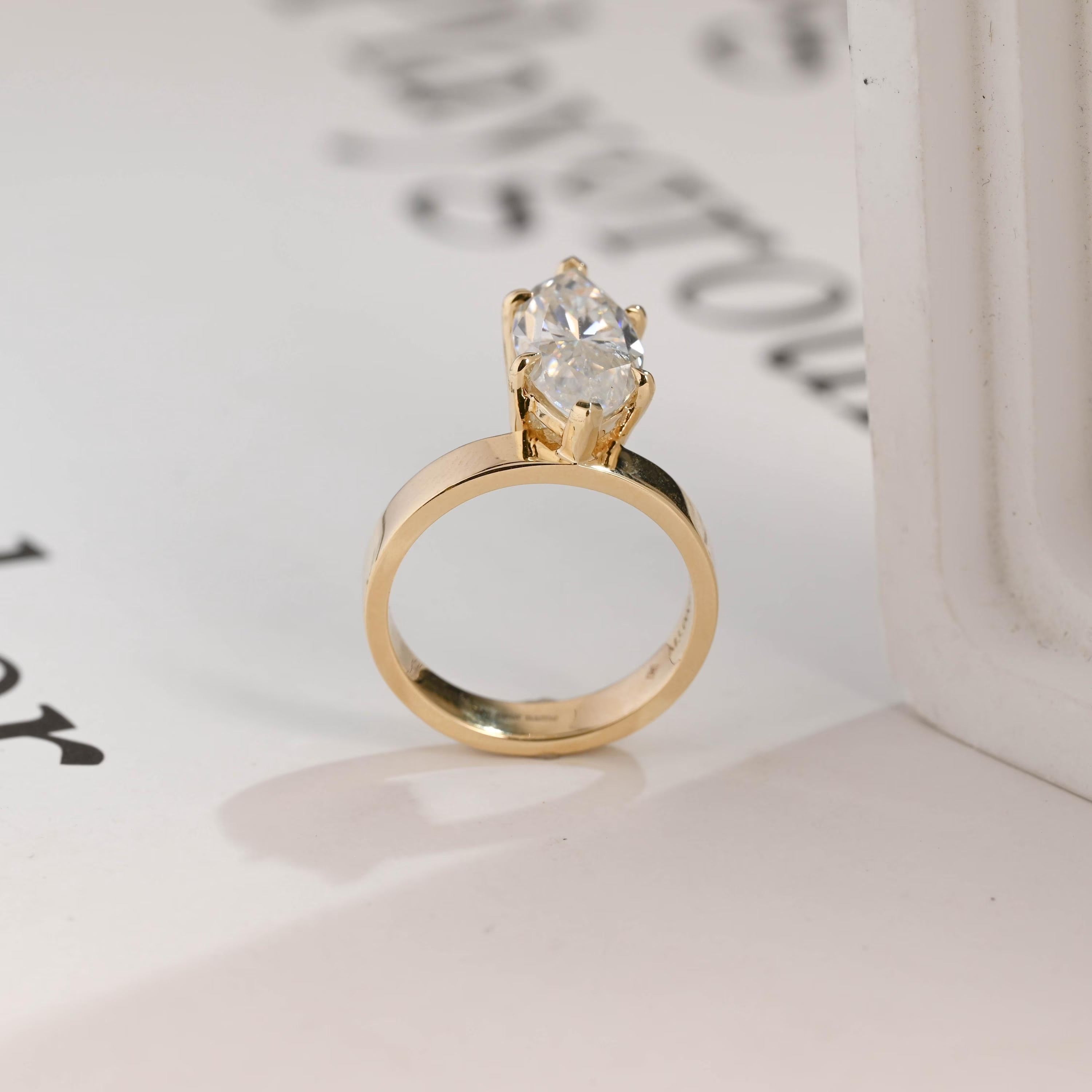 Solid Gold 3.5mm Wide Band Marquise Moissanite Engagement Ring