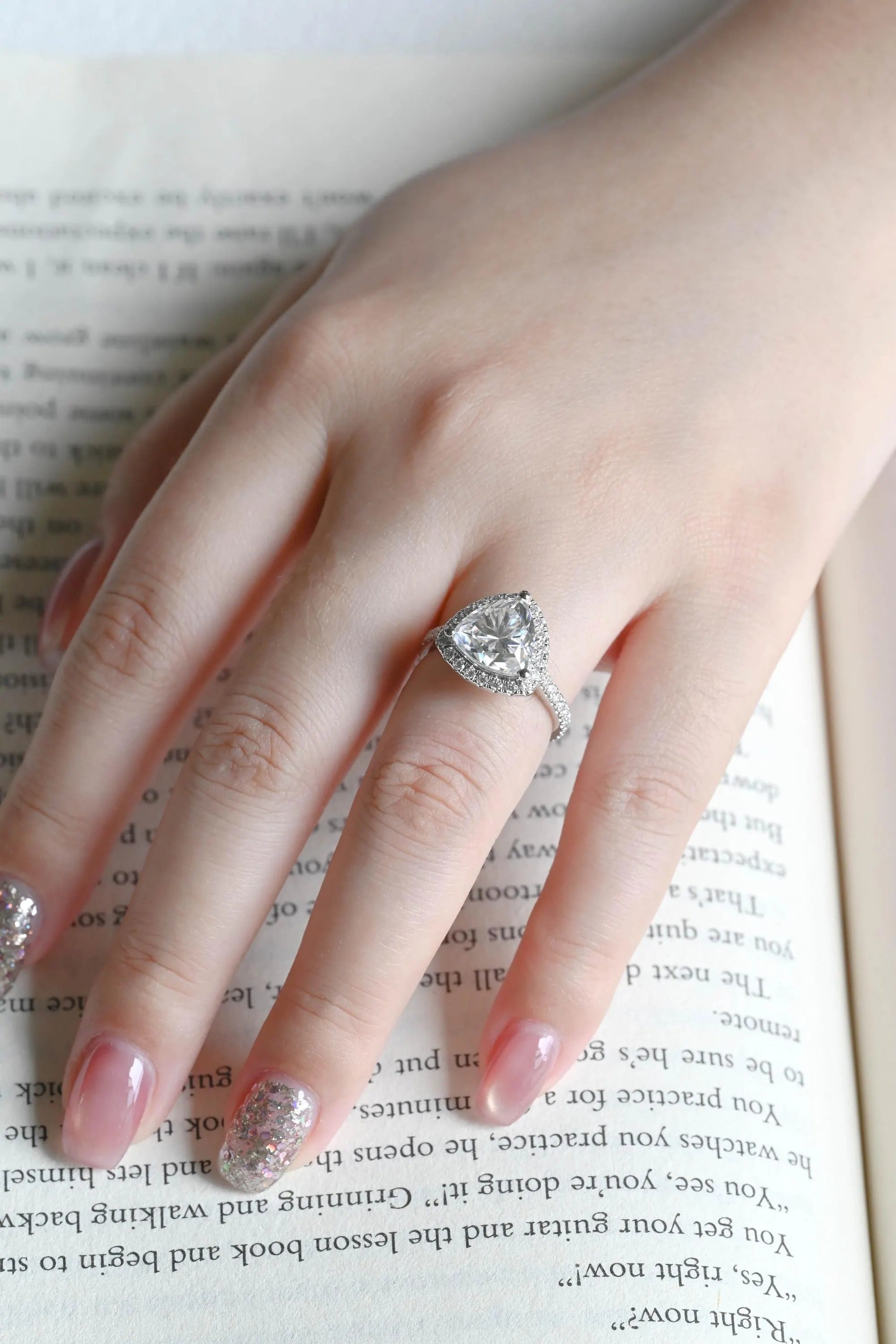 Solid Gold Trillion Cut Moissanite Engagement Ring, Halo Triangle Wedding Ring
