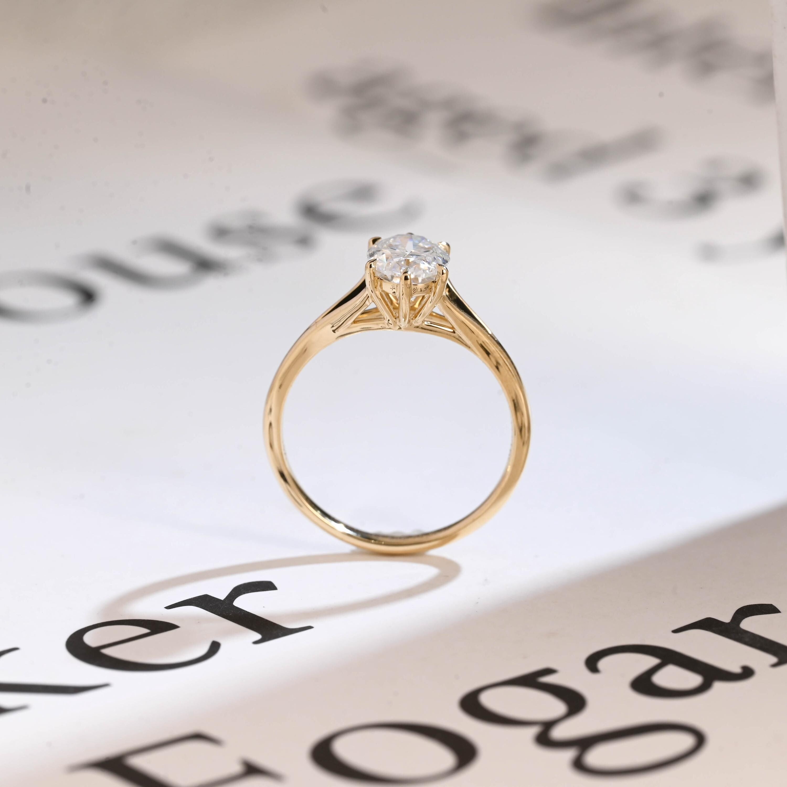 Solid Gold Six Prongs Oval Moissanite Engagement Ring with Bar, Promise Ring