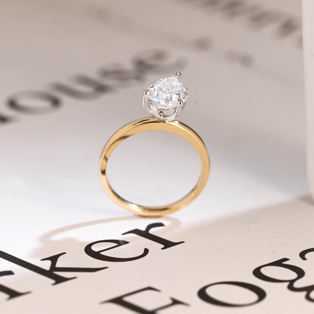 Solid Gold Two Tone Pear Cut Moissanite Engagement Ring, Unique Anniversary Ring