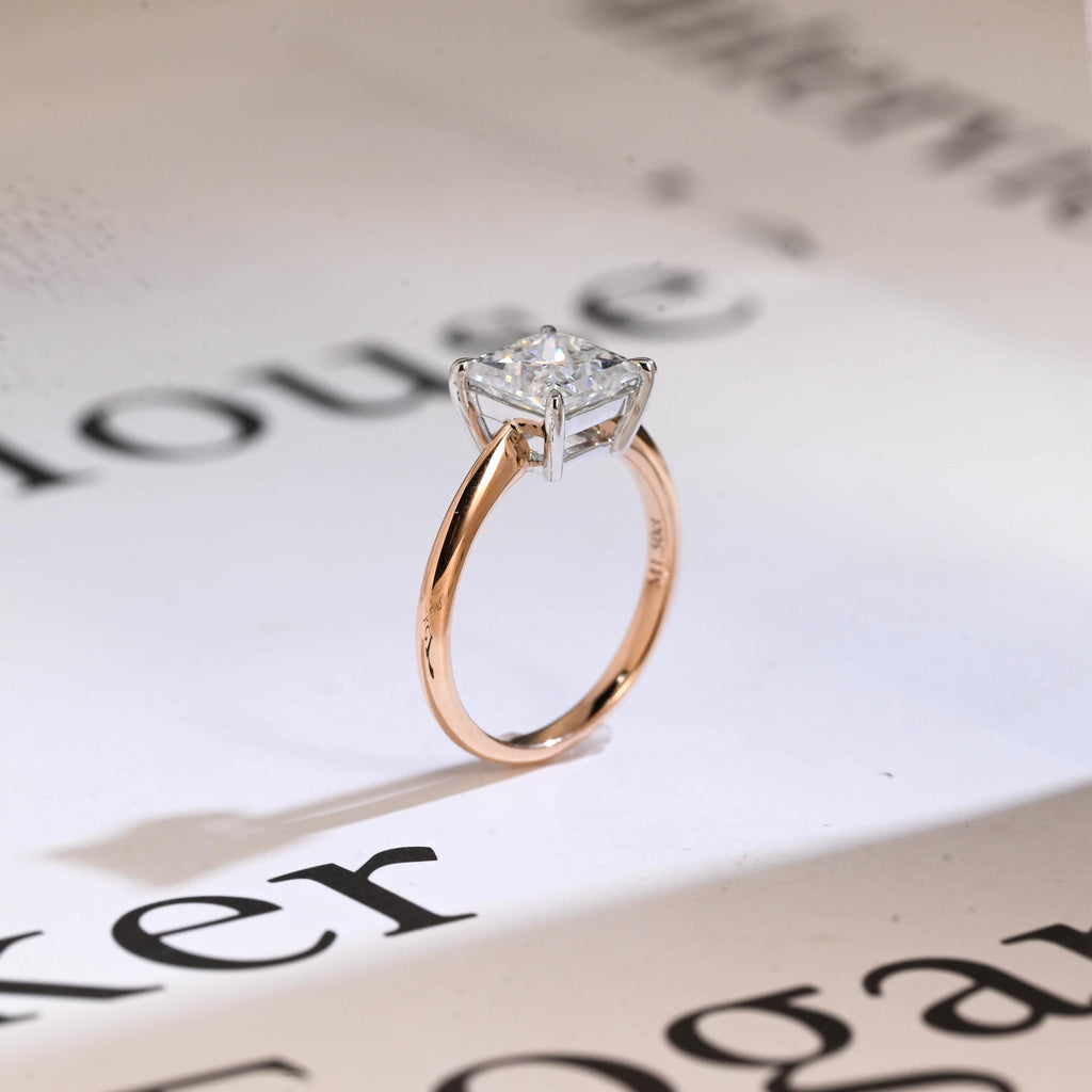 Solid Gold Two Tone Princess Cut Moissanite Engagement Ring, Proposal Ring