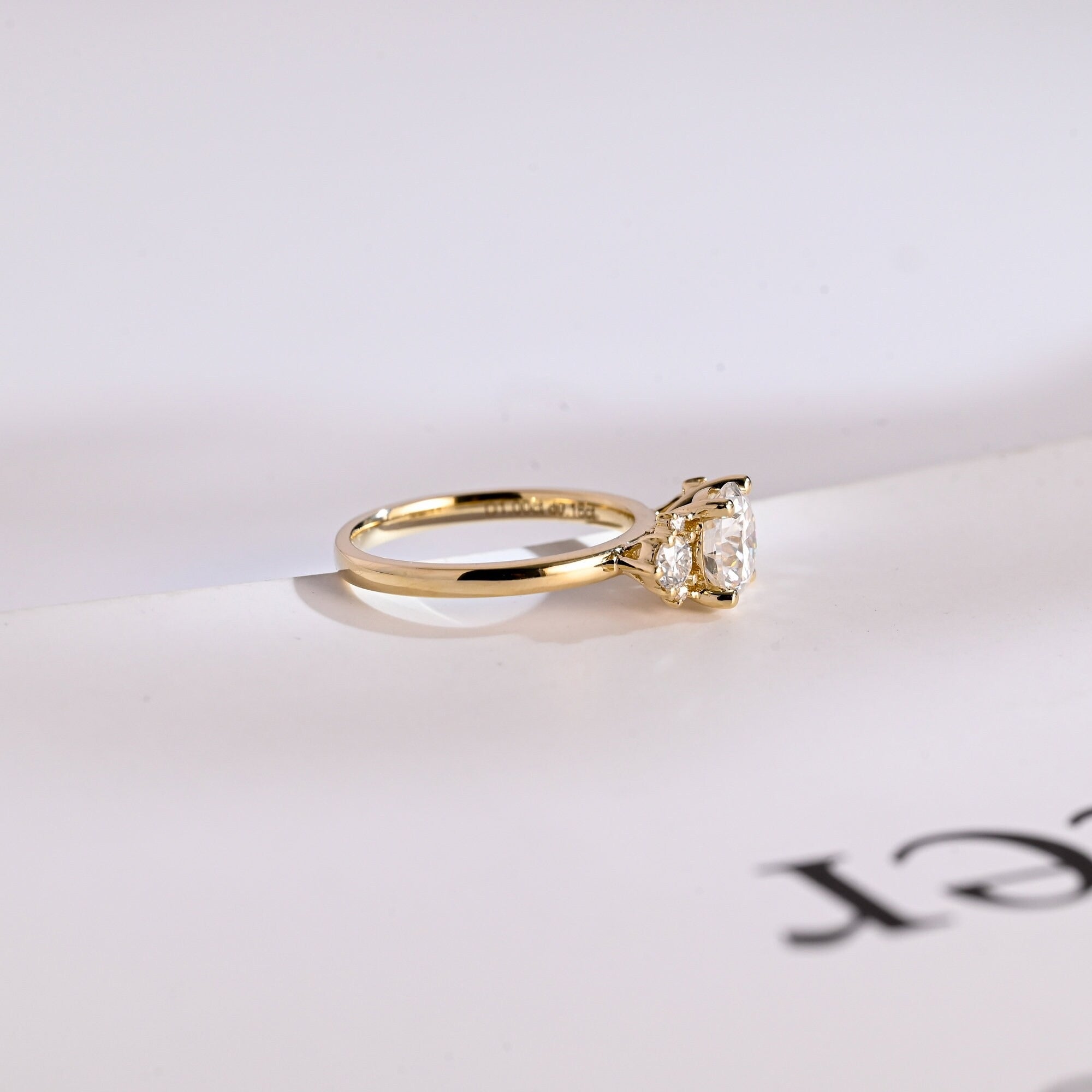 Solid Gold Three Stone Ring, Round Cut Moissanite Engagement Ring