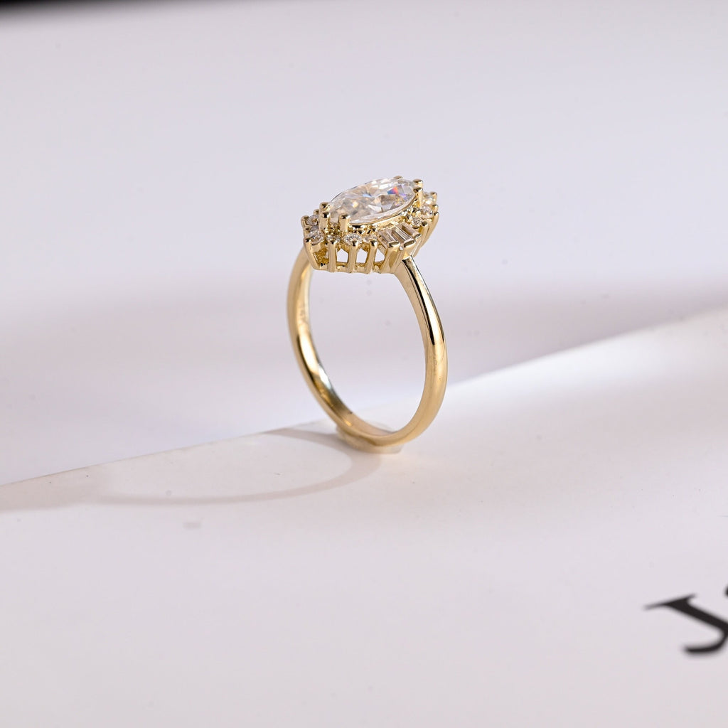 Solid Gold Marquise Cut Halo Moissanite Engagement Ring, Bridal Ring for Women