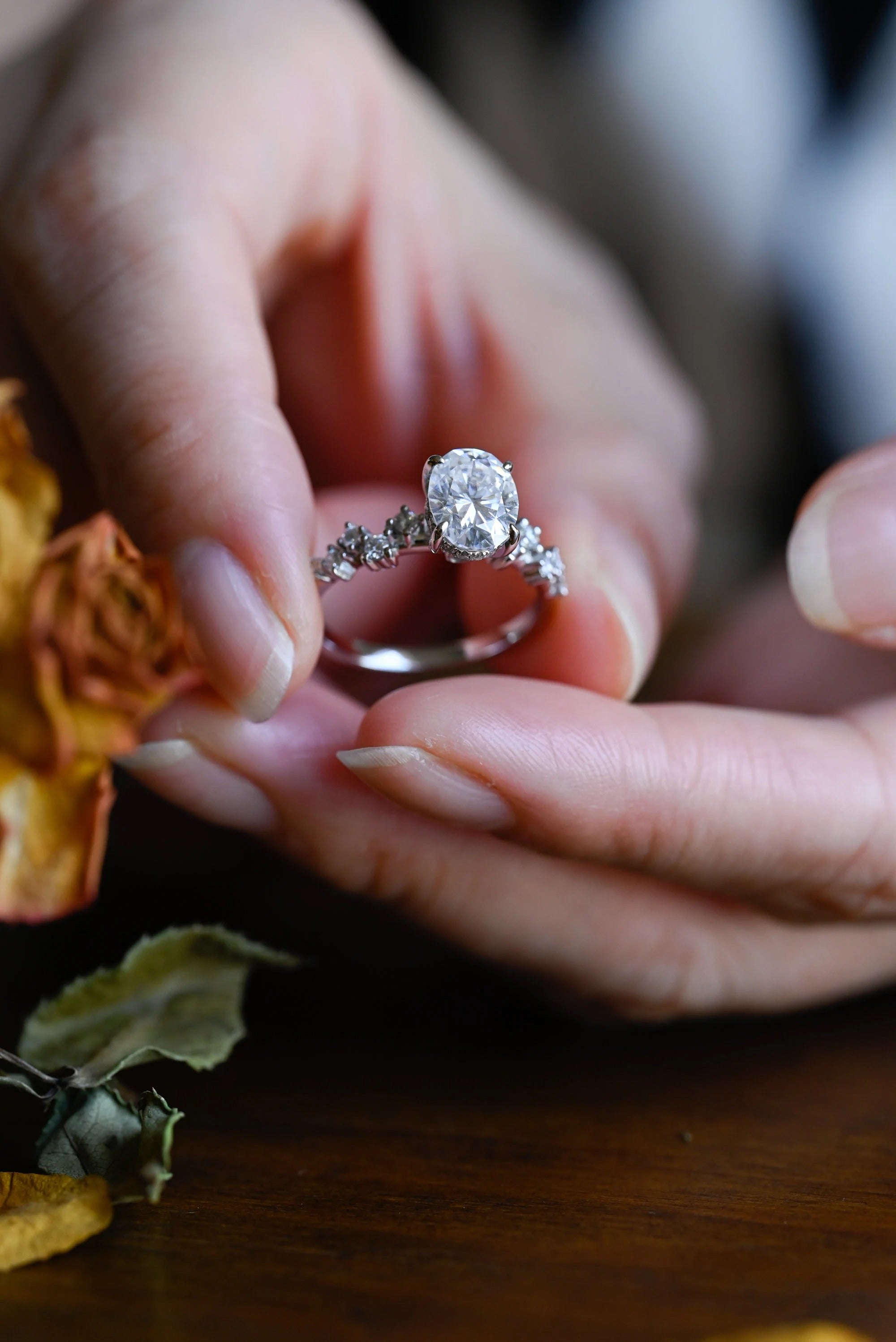 Solid Gold Oval Cut Moissanite Engagement Ring with Hidden Halo