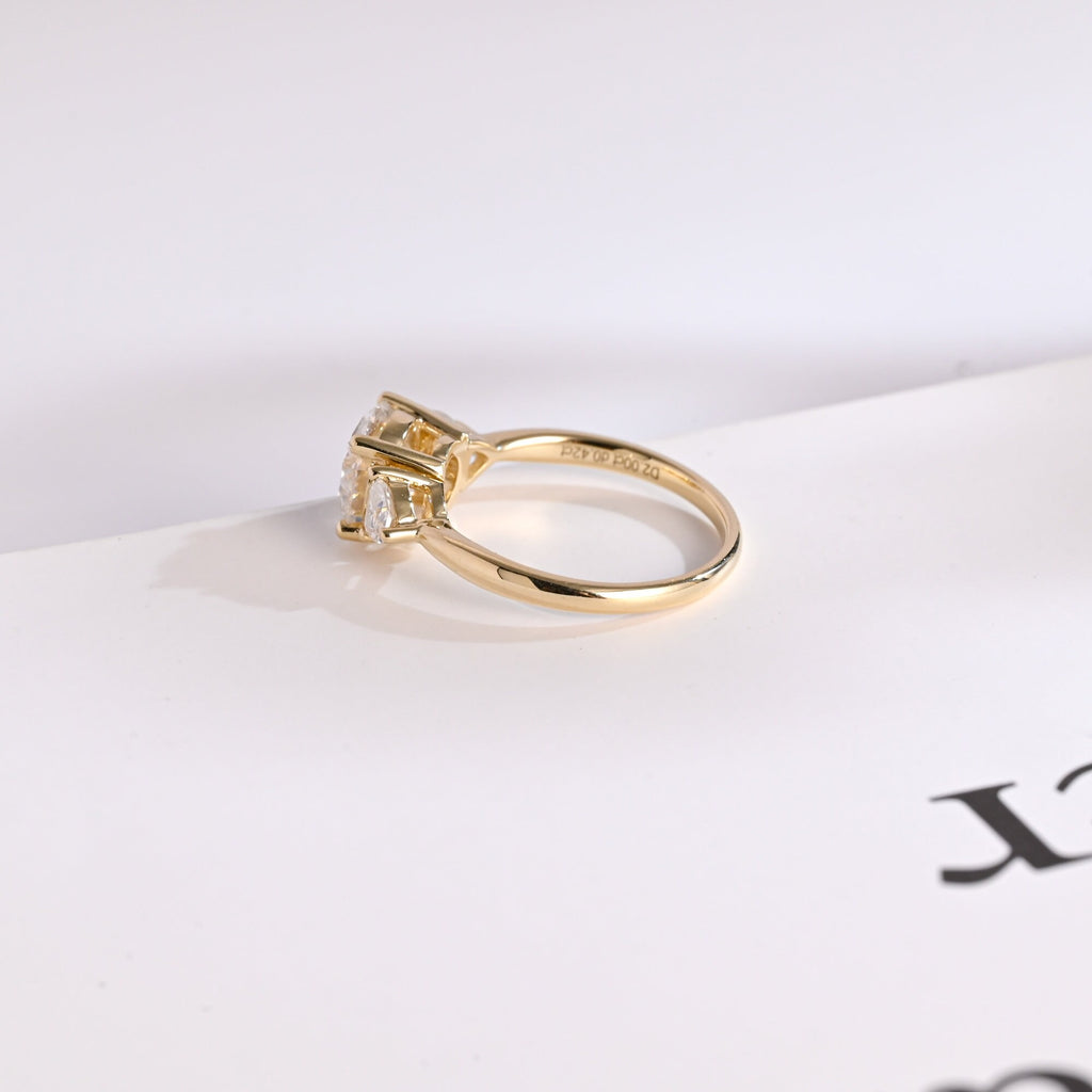 Solid Gold Three Stone Round Cut Moissanite Engagement Ring with Trillion Accent