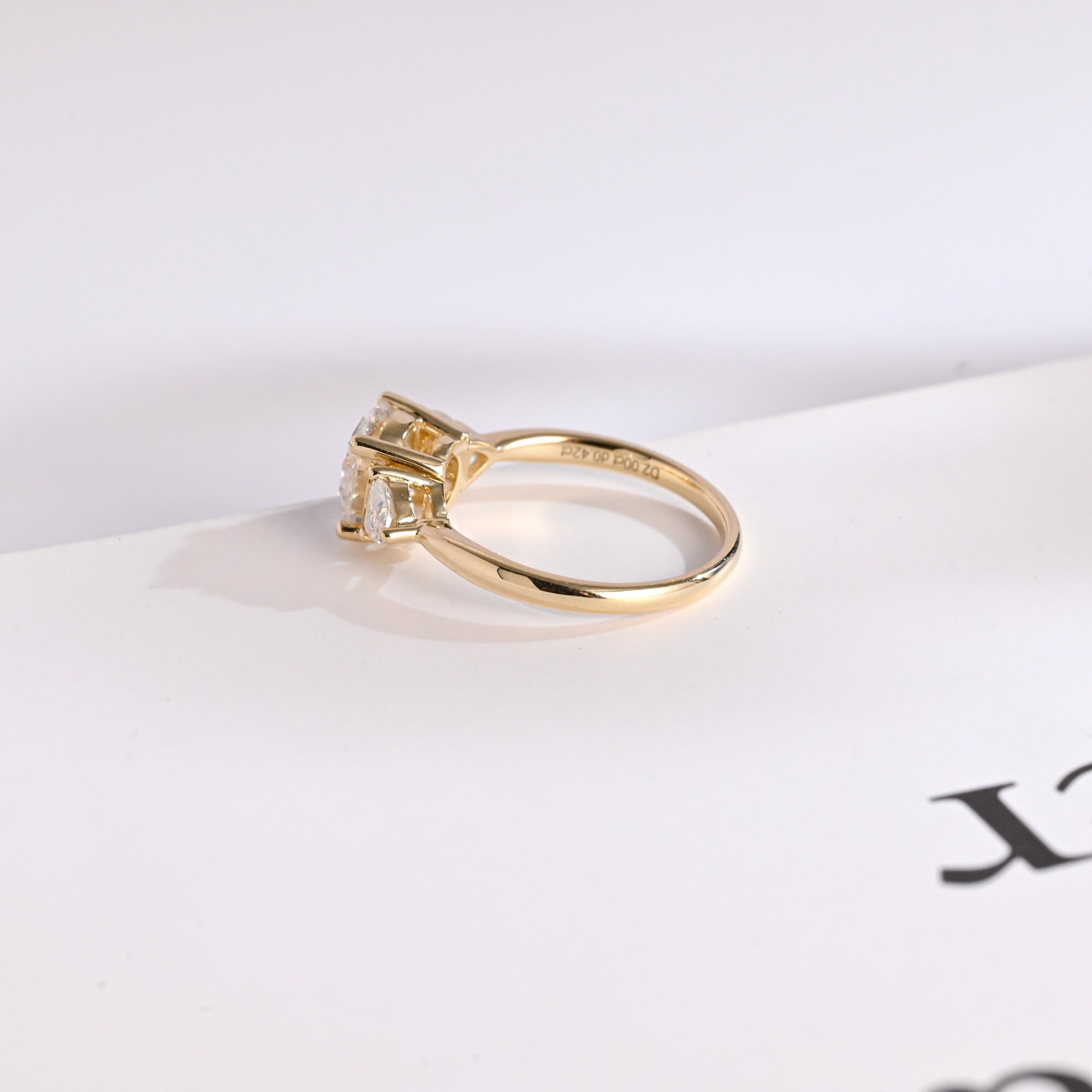 Solid Gold Three Stone Round Cut Moissanite Engagement Ring with Trillion Accent