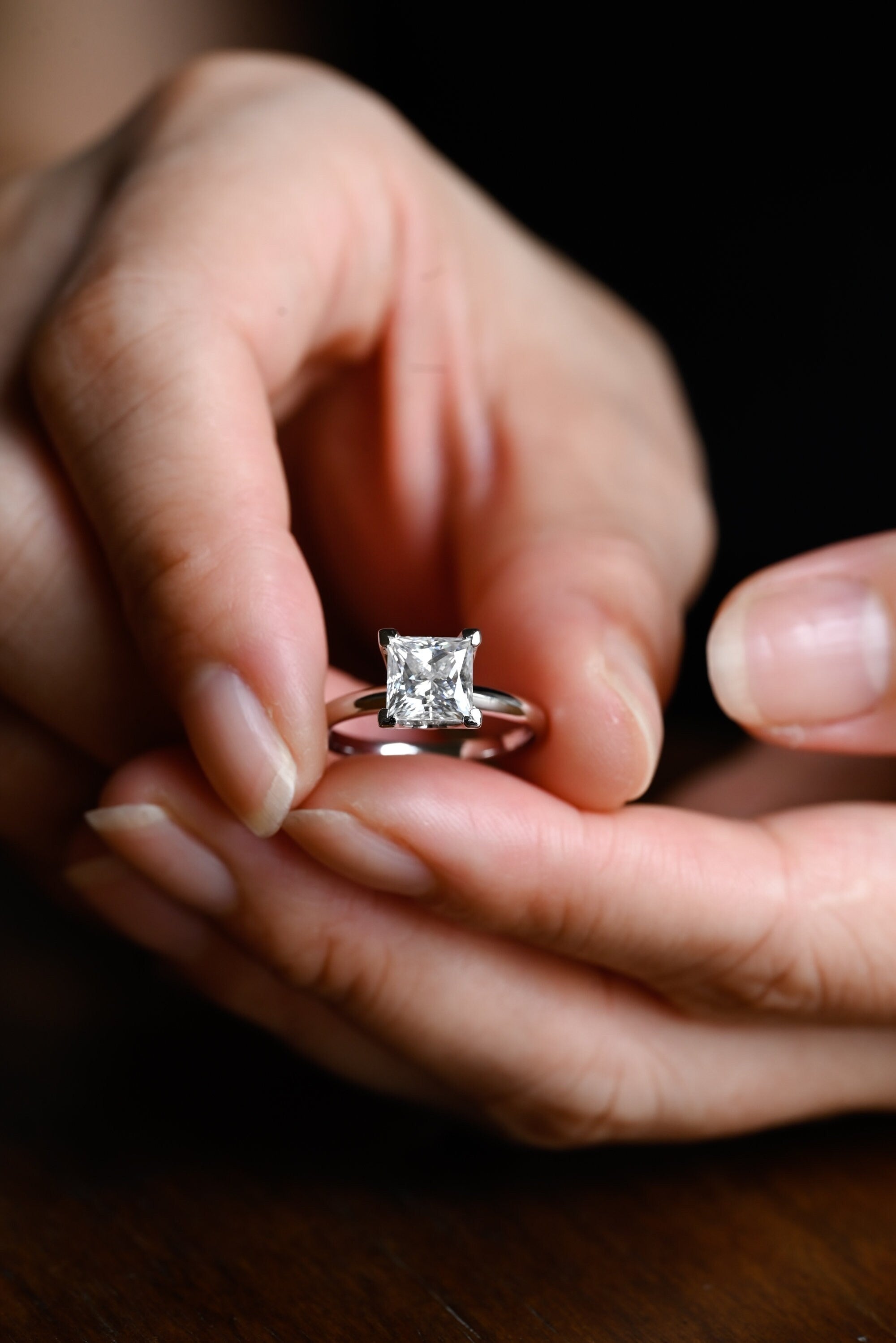 Solid Gold Princess Cut Moissanite Engagement Ring, Art Deco Ring