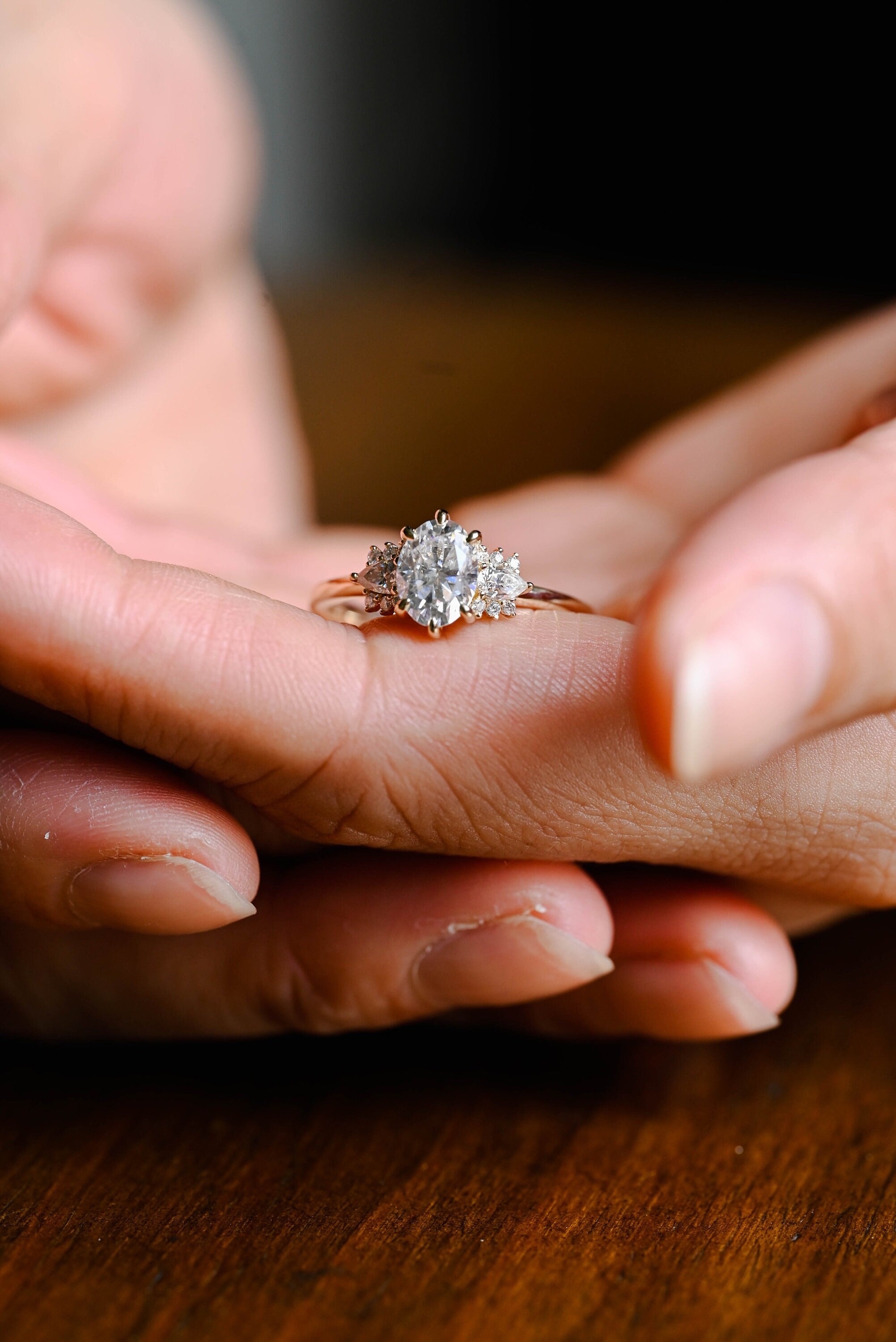 Solid Gold Oval Cut Moissanite Engagement Ring, Vintage Promise Ring