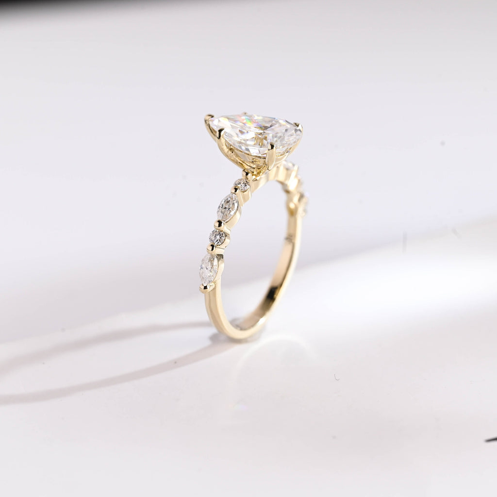 Solid Gold Pear Cut Moissanite Engagement Ring, Promise Ring