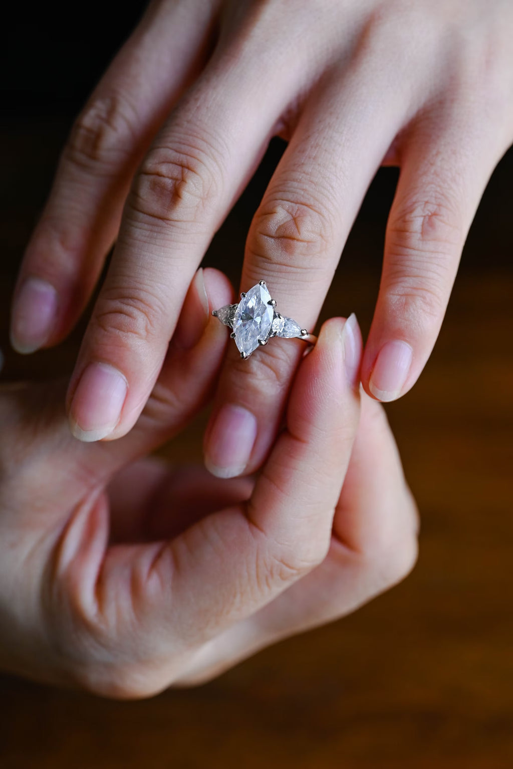 Solid Gold Marquise Cut Moissanite Engagement Ring, Three Stone Ring