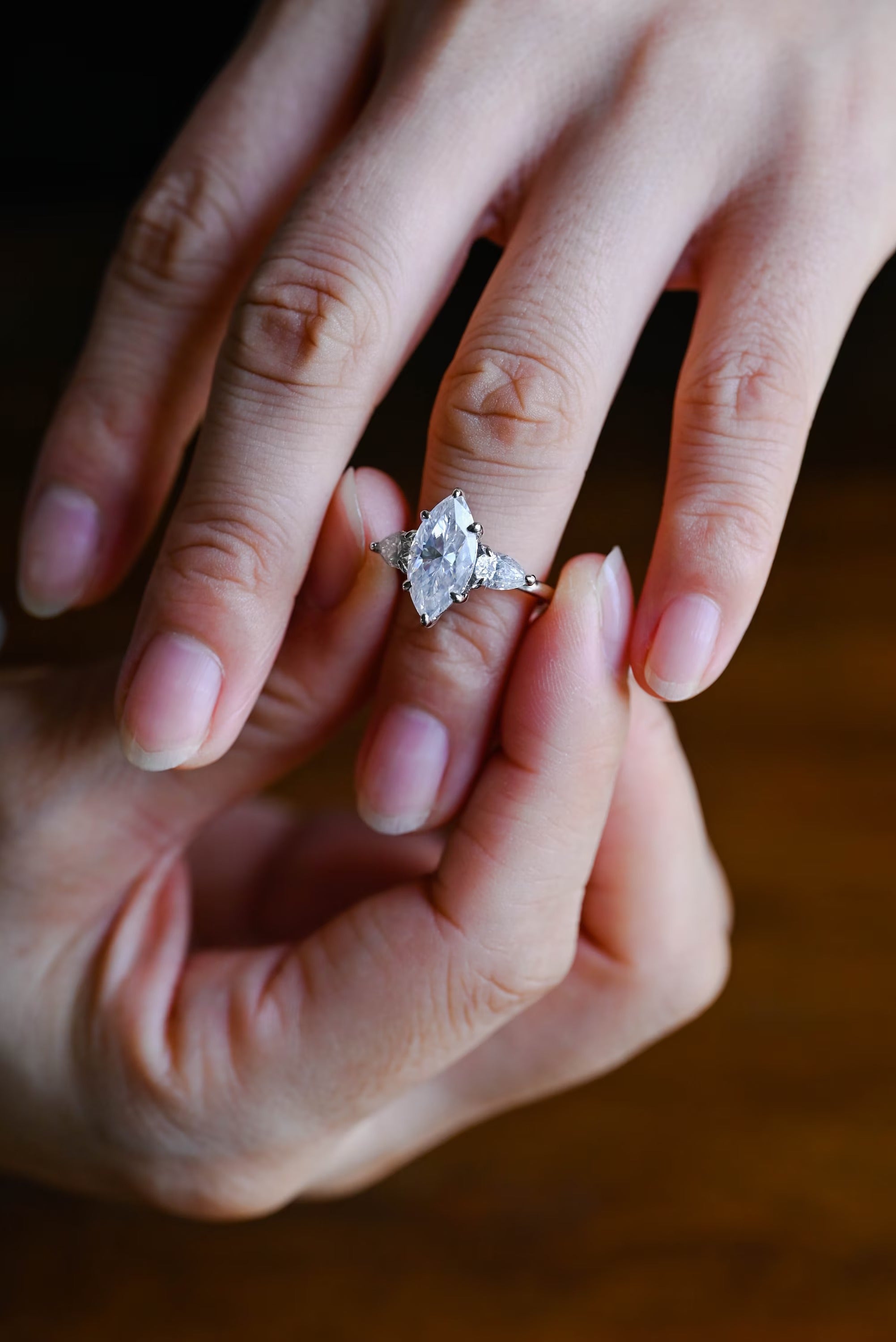 Solid Gold Marquise Cut Moissanite Engagement Ring, Three Stone Ring