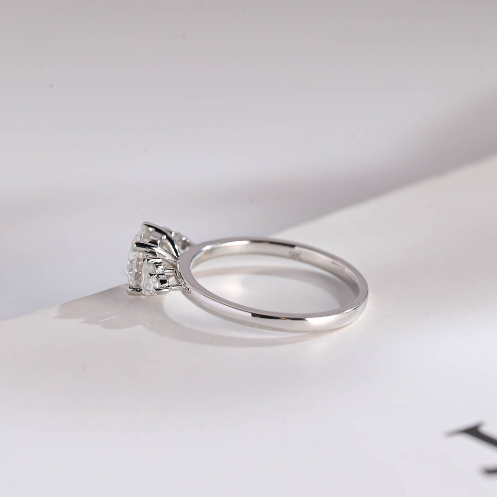 Three Stone Round Moissanite Engagement Ring, Solid Gold Dainty Anniversary Ring