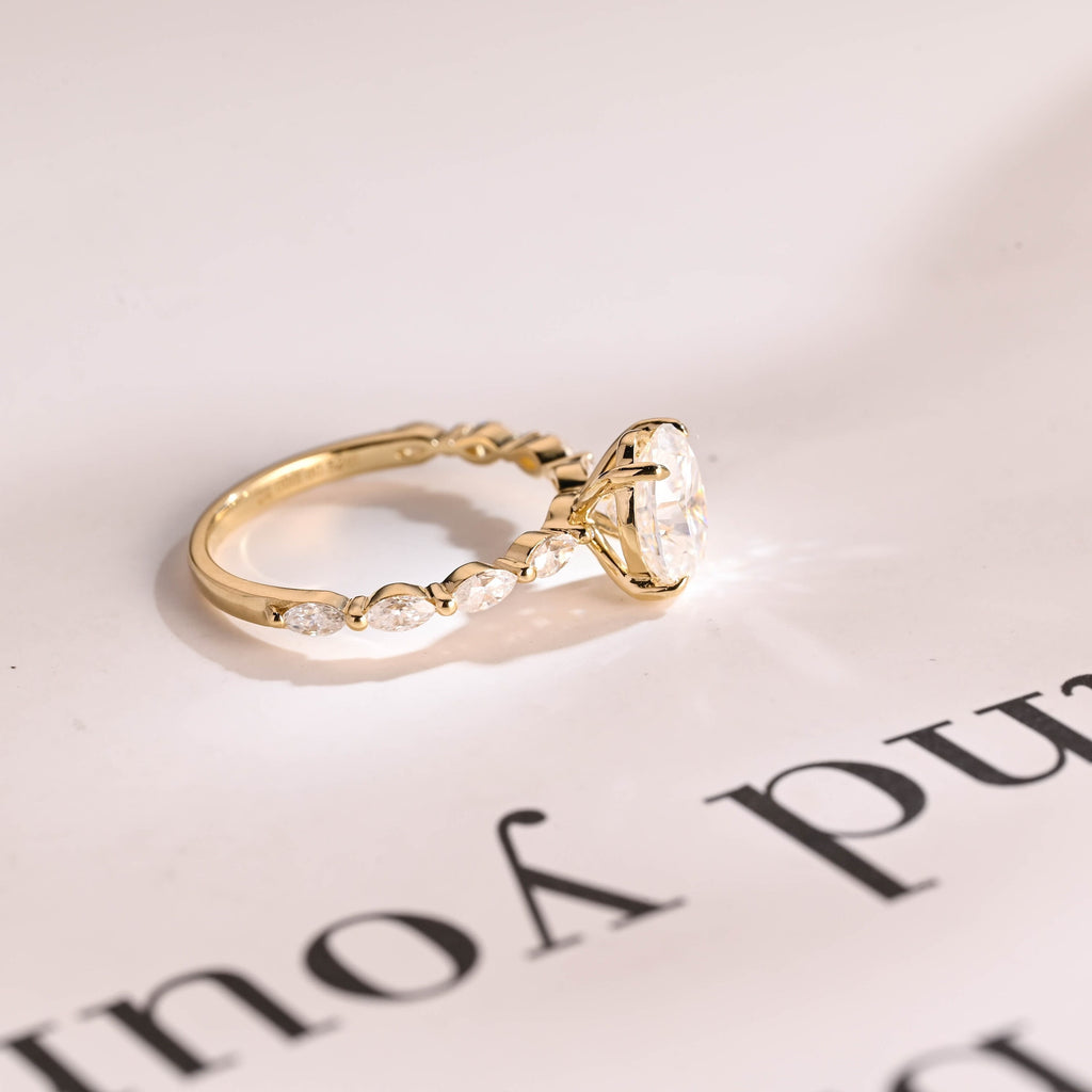 Solid Gold Oval Moissanite Engagement Ring with Marquise Moissanite Accent