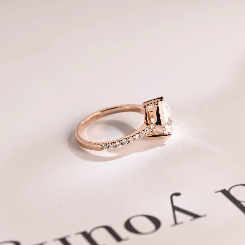 Solid Gold Pear Cut Moissanite Engagement Ring, Half Pave Proposal Ring