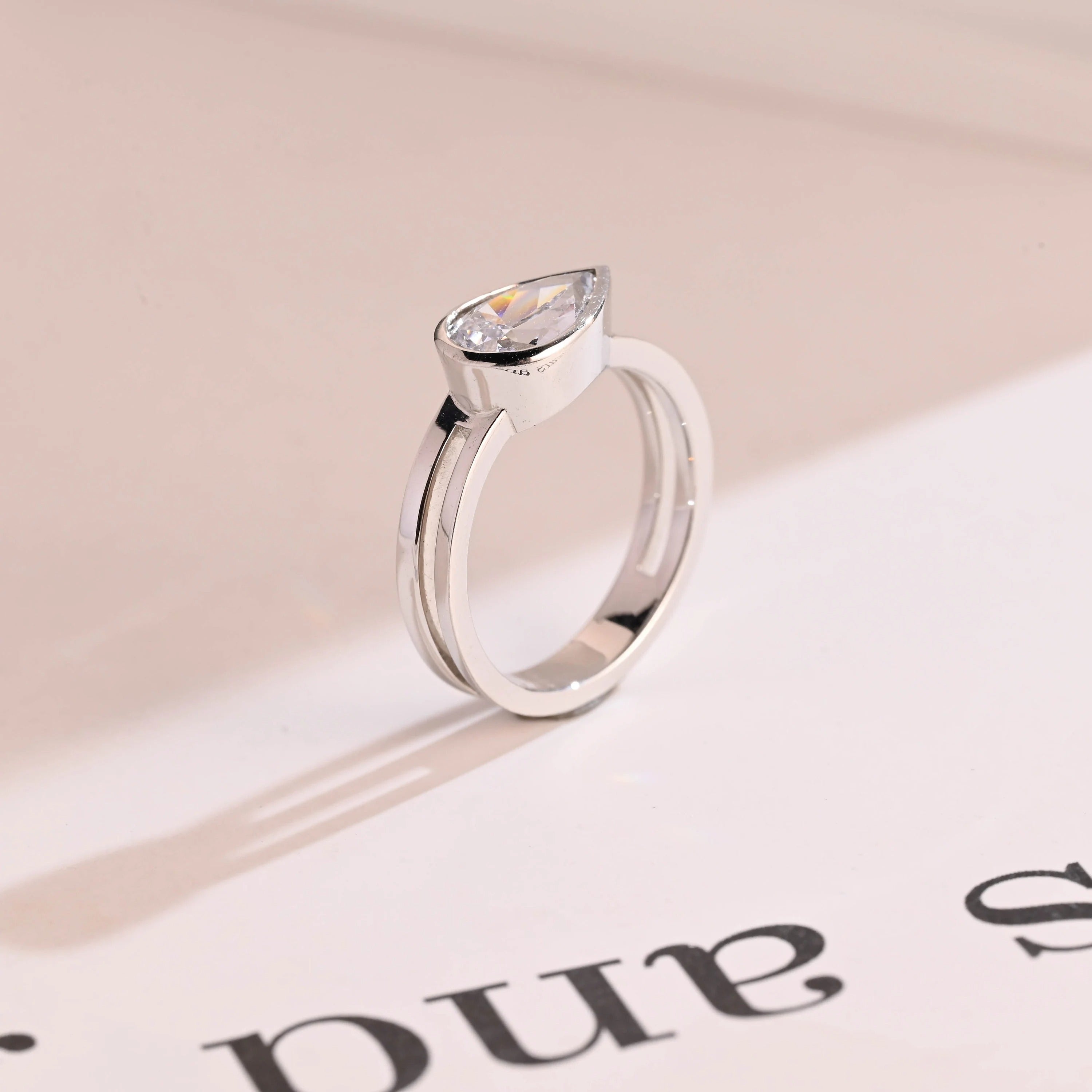 Solid Gold Pear Cut Moissanite Engagement Ring, Double Band Ring