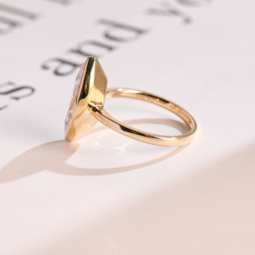 Solid Gold Marquise Moissanite Engagement Ring, Vintage Bezel Ring