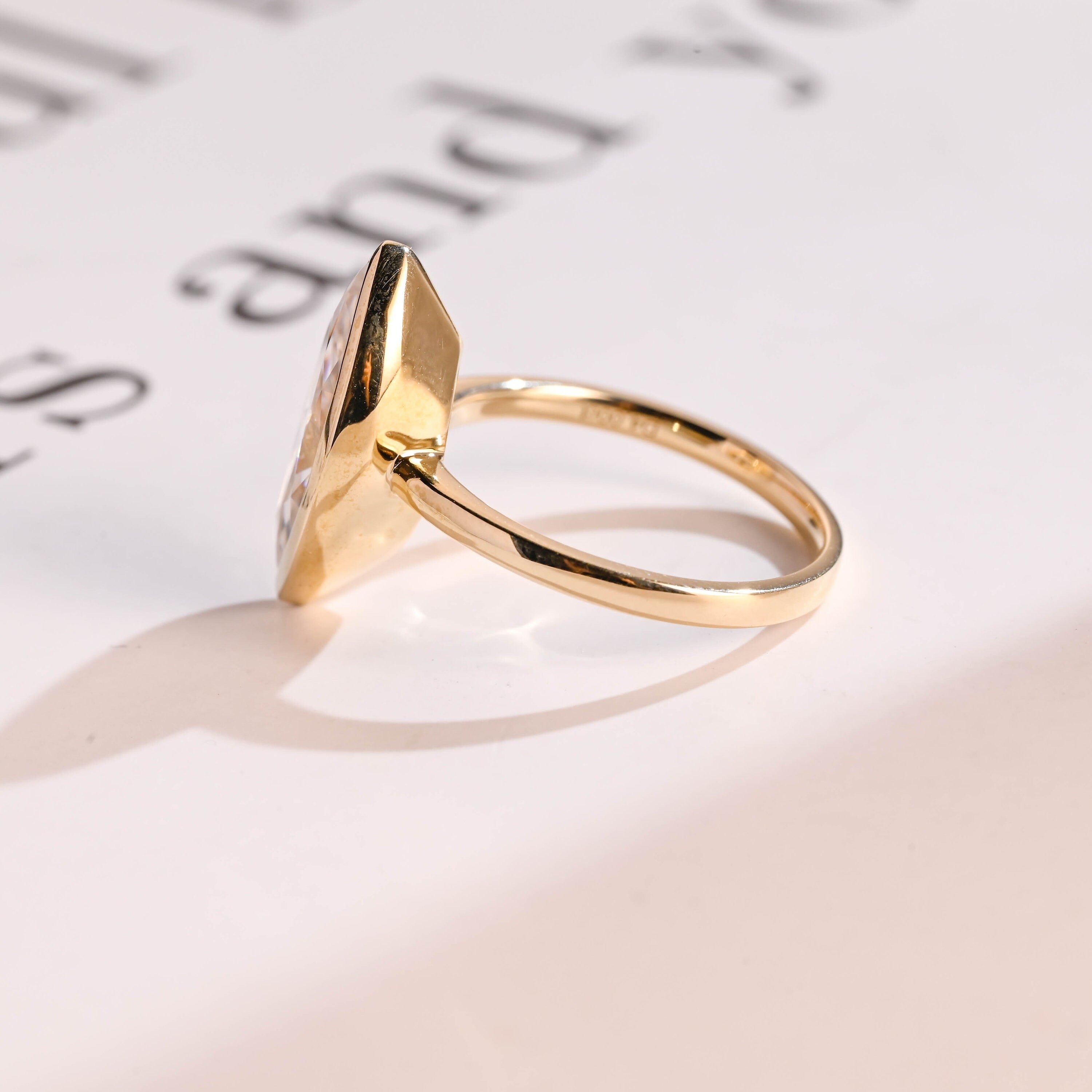 Solid Gold Marquise Moissanite Engagement Ring, Vintage Bezel Ring