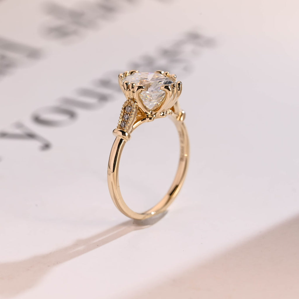 Solid Gold Oval Moissanite Engagement Ring, Filigree Wedding Ring