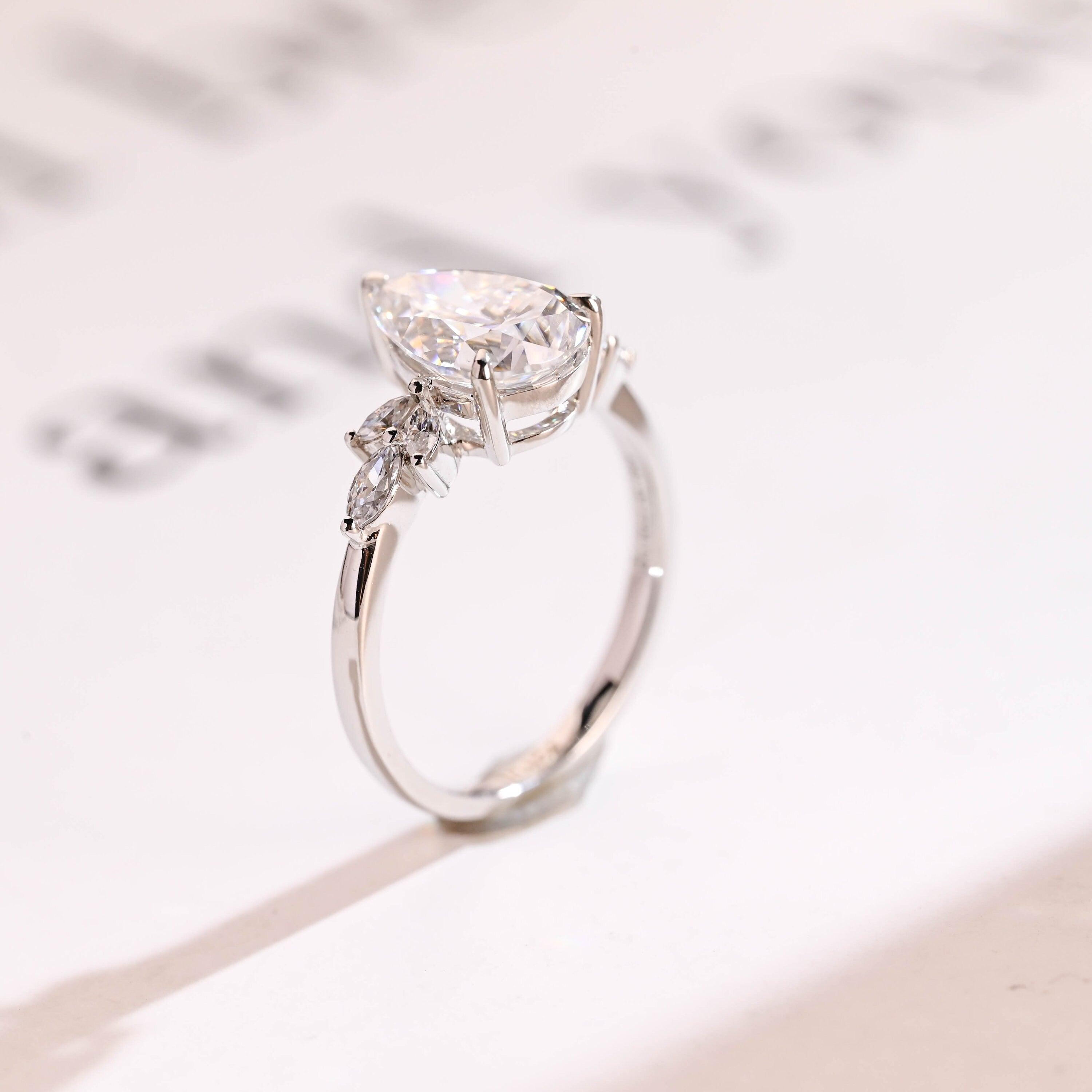 Solid Gold Pear Moissanite Engagement Ring, Proposal Ring for Her
