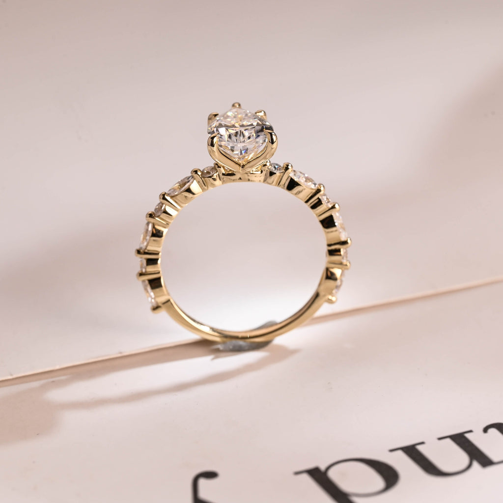 Solid Gold Pear Cut Moissanite Engagement Ring, Half Pave Proposal Ring