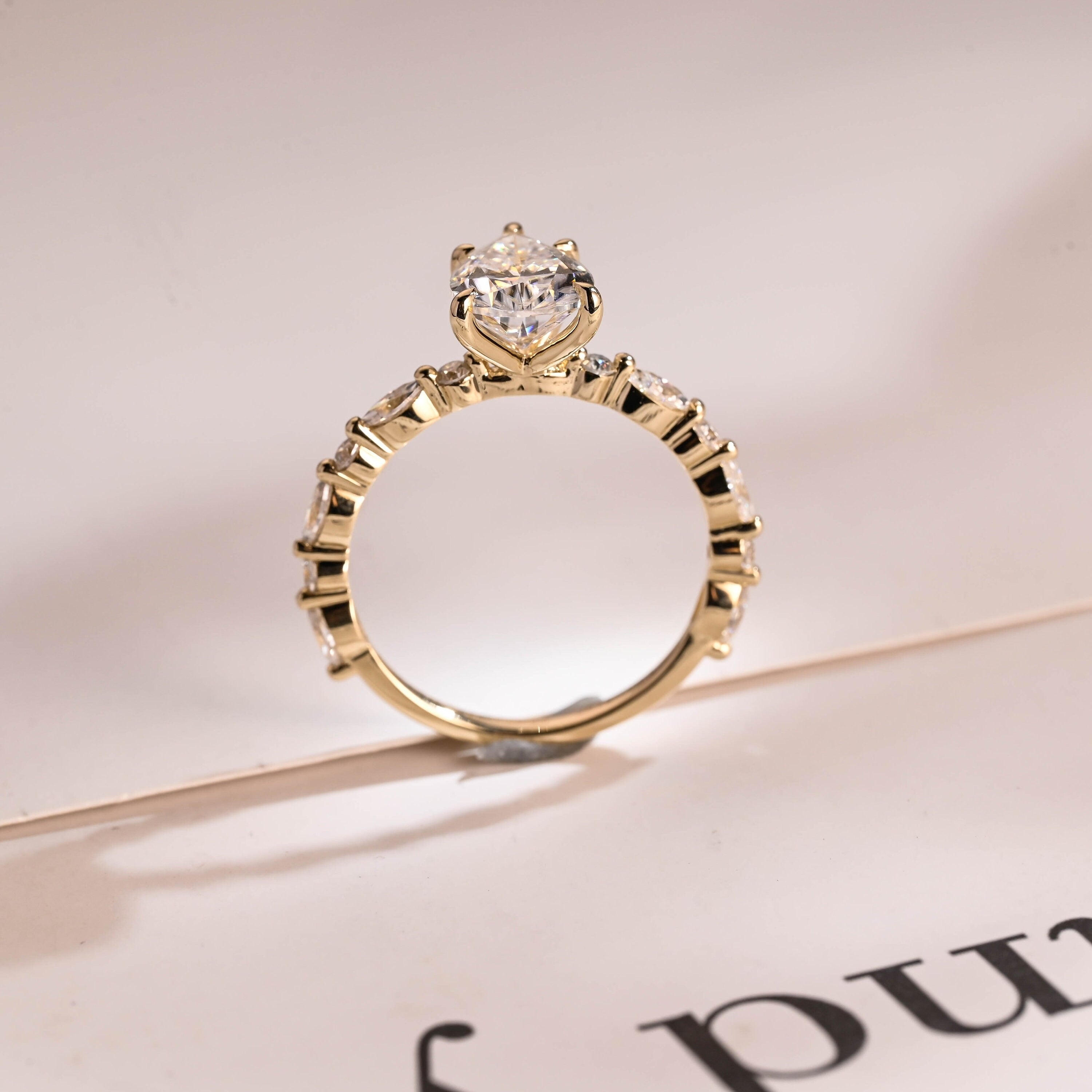 Solid Gold Pear Cut Moissanite Engagement Ring, Half Pave Proposal Ring