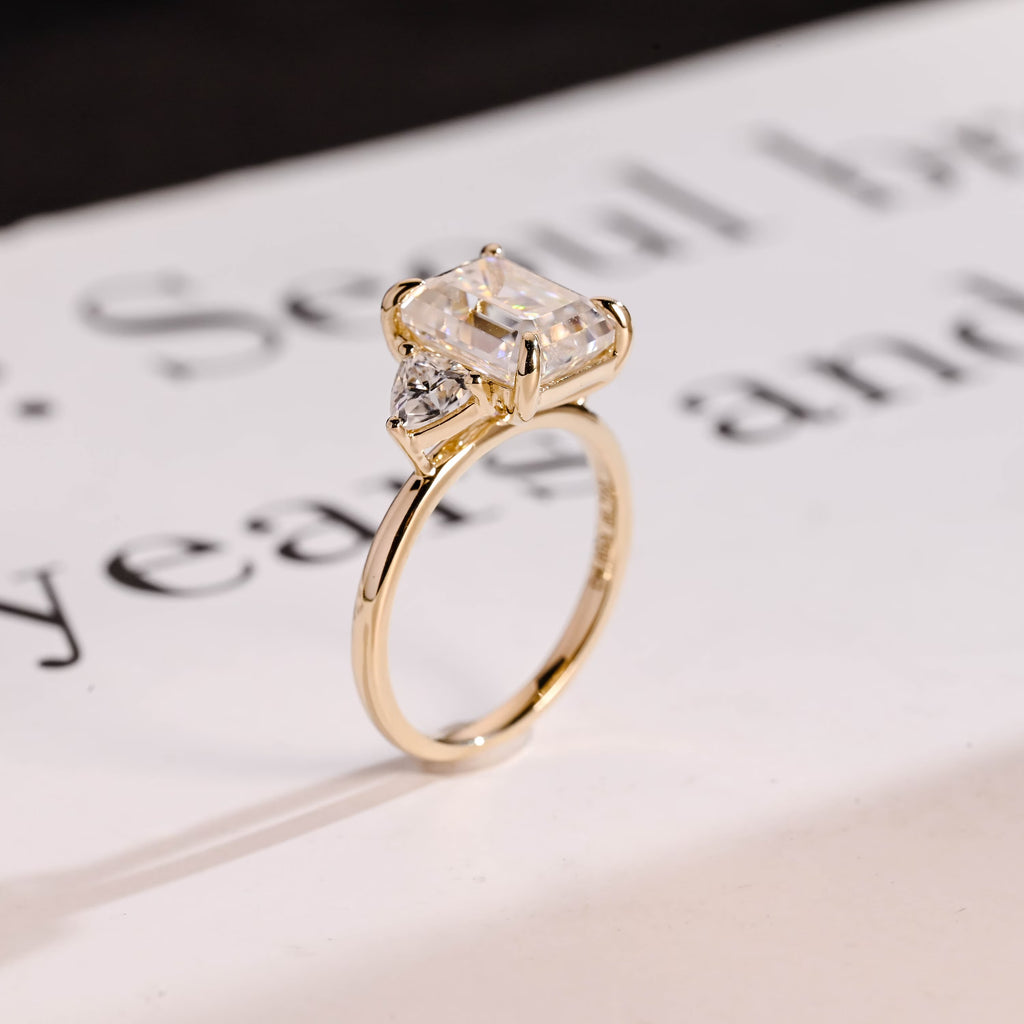 Solid Gold Emerald Cut Moissanite Engagement Ring With Trillion Accent, Three Stone Ring