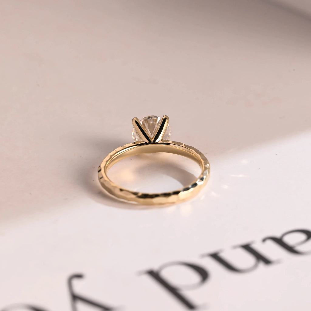 Solid Gold Round Cut Moissanite Engagement Ring, Hammered Ring