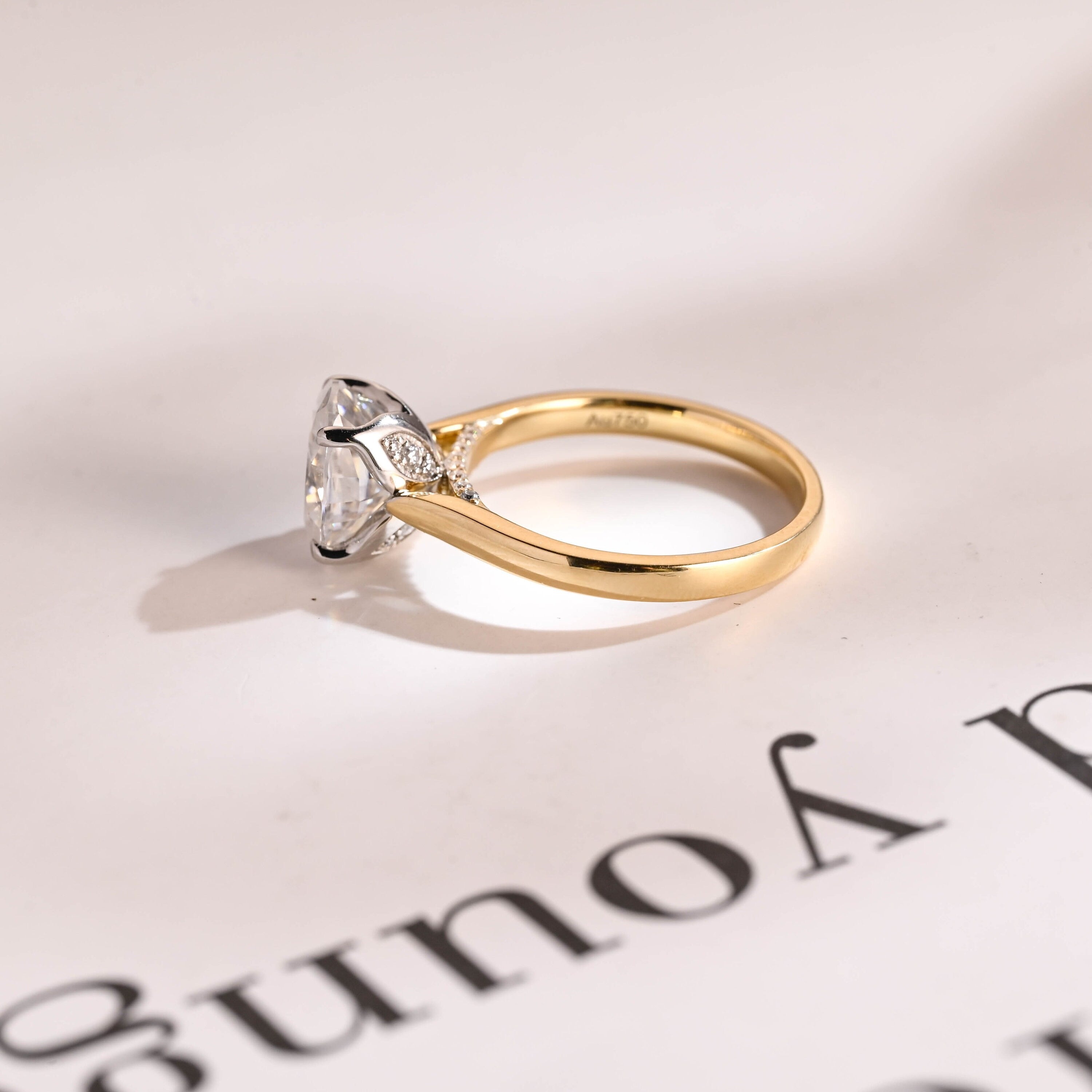 Solid Gold Oval Cut Moissanite Engagement Ring, Two Tone Ring