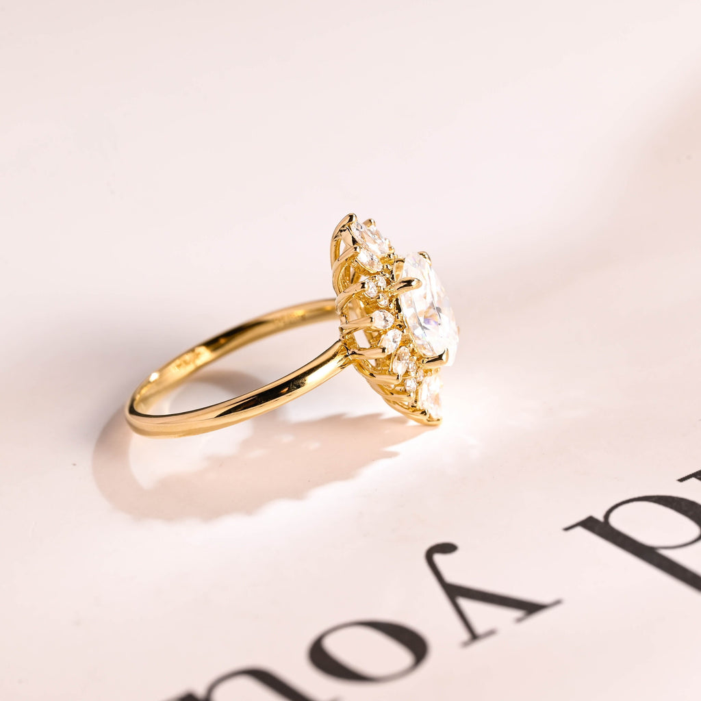 Solid Gold Oval Moissanite Engagement Ring, Floral Halo Proposal Ring