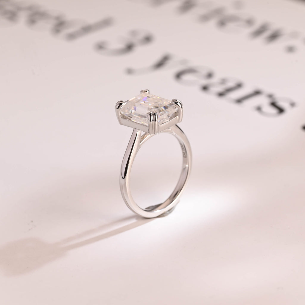 Solid Gold Double Claws Emerald Cut Moissanite Engagement Ring, Anniversary Gift