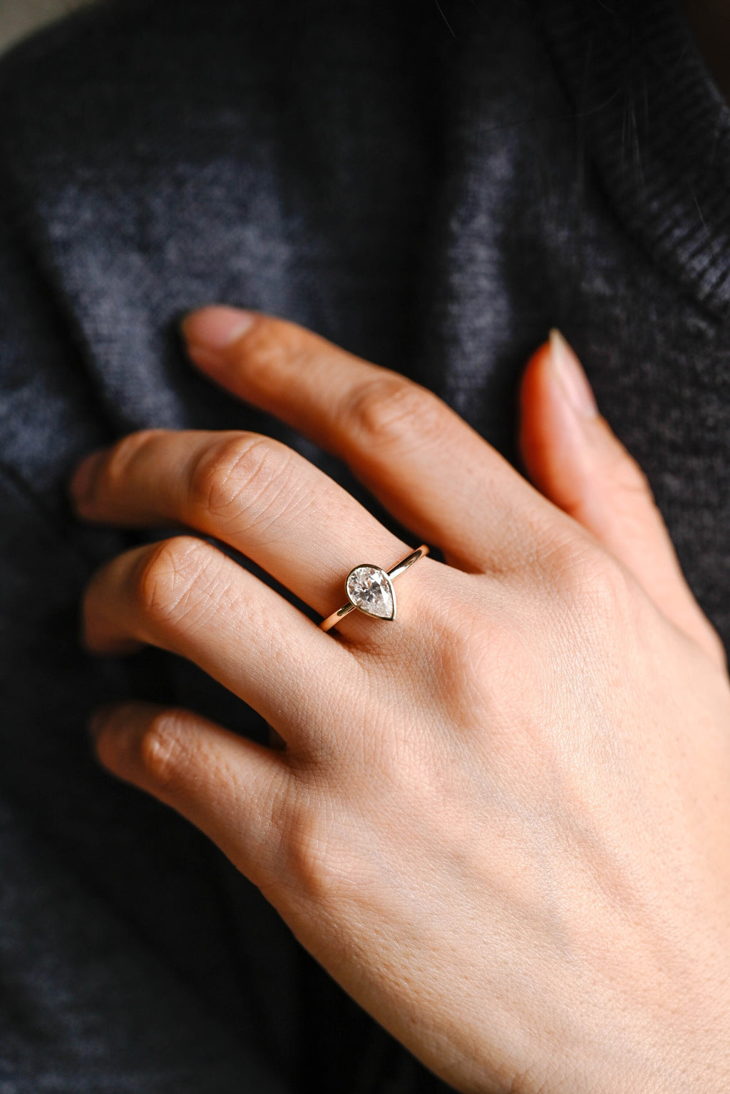 Solid Gold Pear Moissanite Engagement Ring with Bezel, Dainty Ring