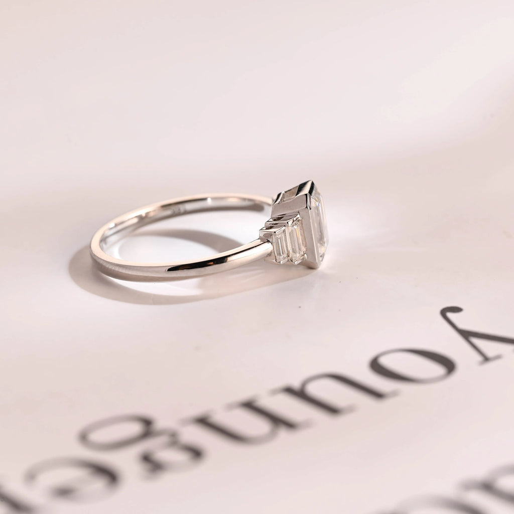 Solid Gold Emerald & Baguette Cut Moissanite Engagement Ring, Minimalist Cluster Bezel Ring