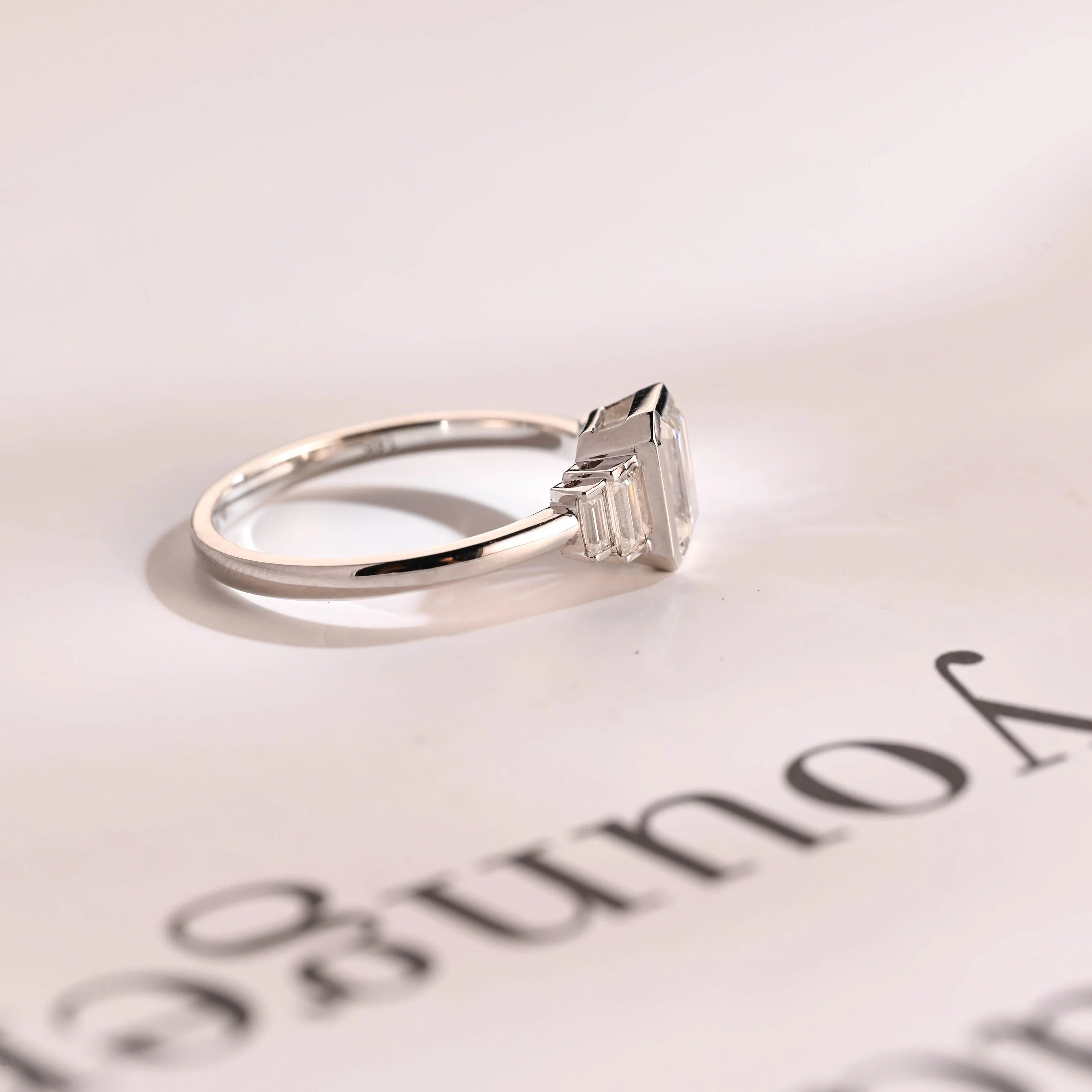 Solid Gold Emerald & Baguette Cut Moissanite Engagement Ring, Minimalist Cluster Bezel Ring