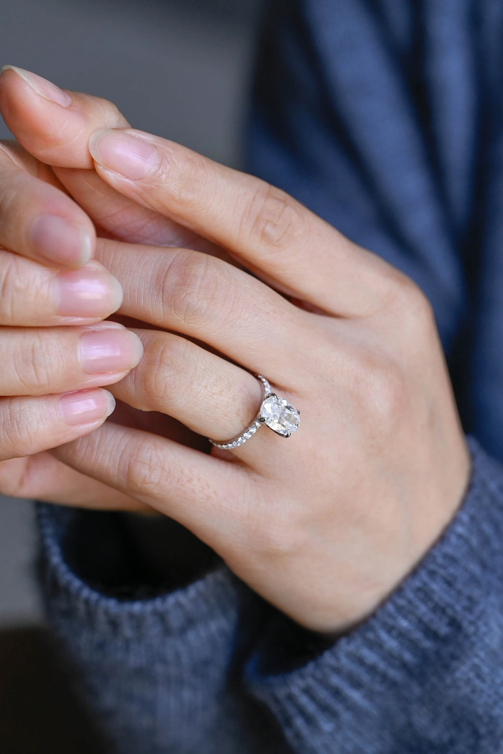 Solid Gold Crushed Ice Elongated Oval Moissanite Engagement Ring