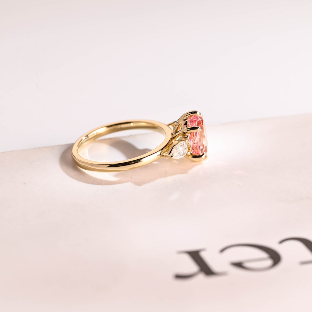 Solid Gold Oval Cut Moissanite Pink Sapphire Engagement Ring with Pear Moissanite