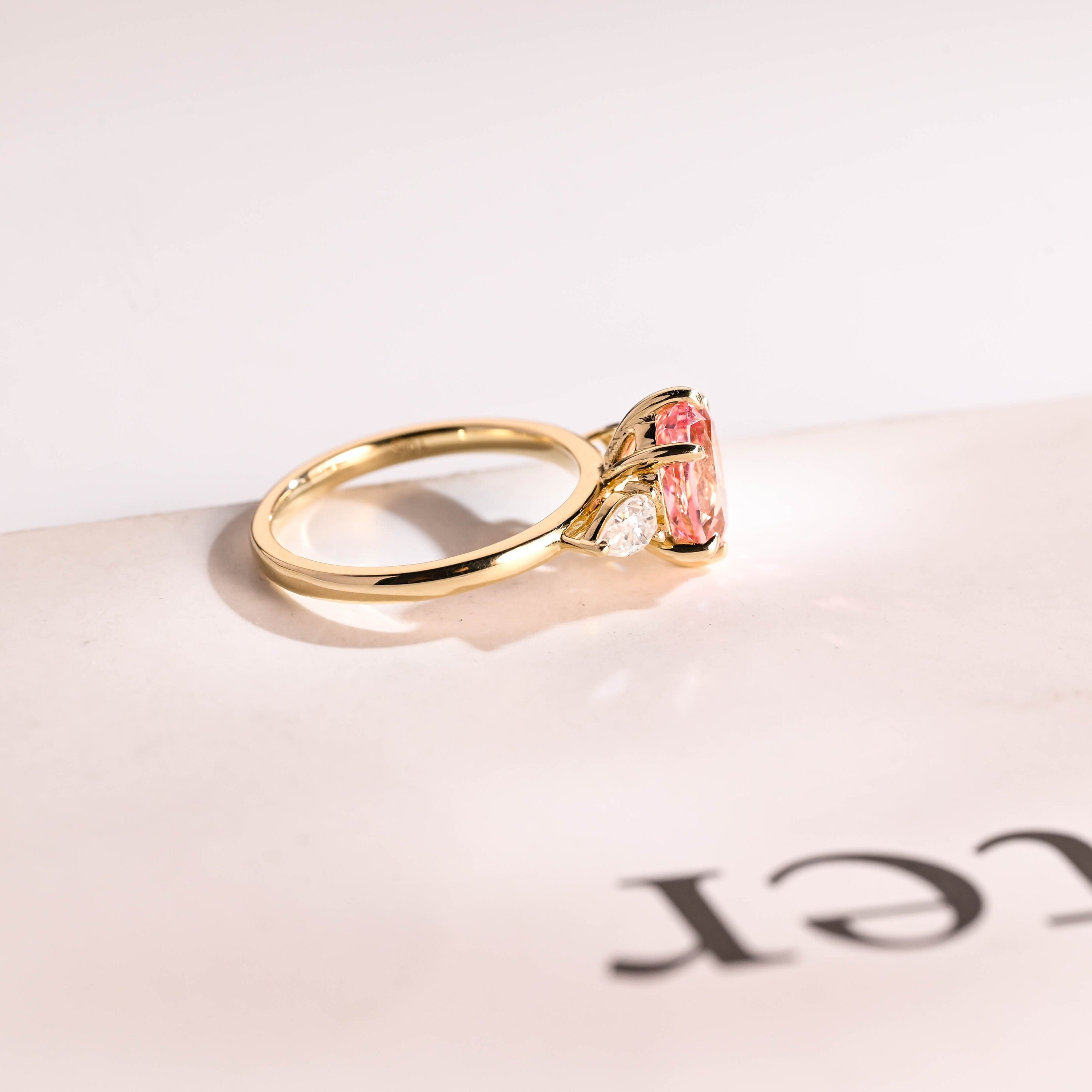 Solid Gold Oval Cut Moissanite Pink Sapphire Engagement Ring with Pear Moissanite