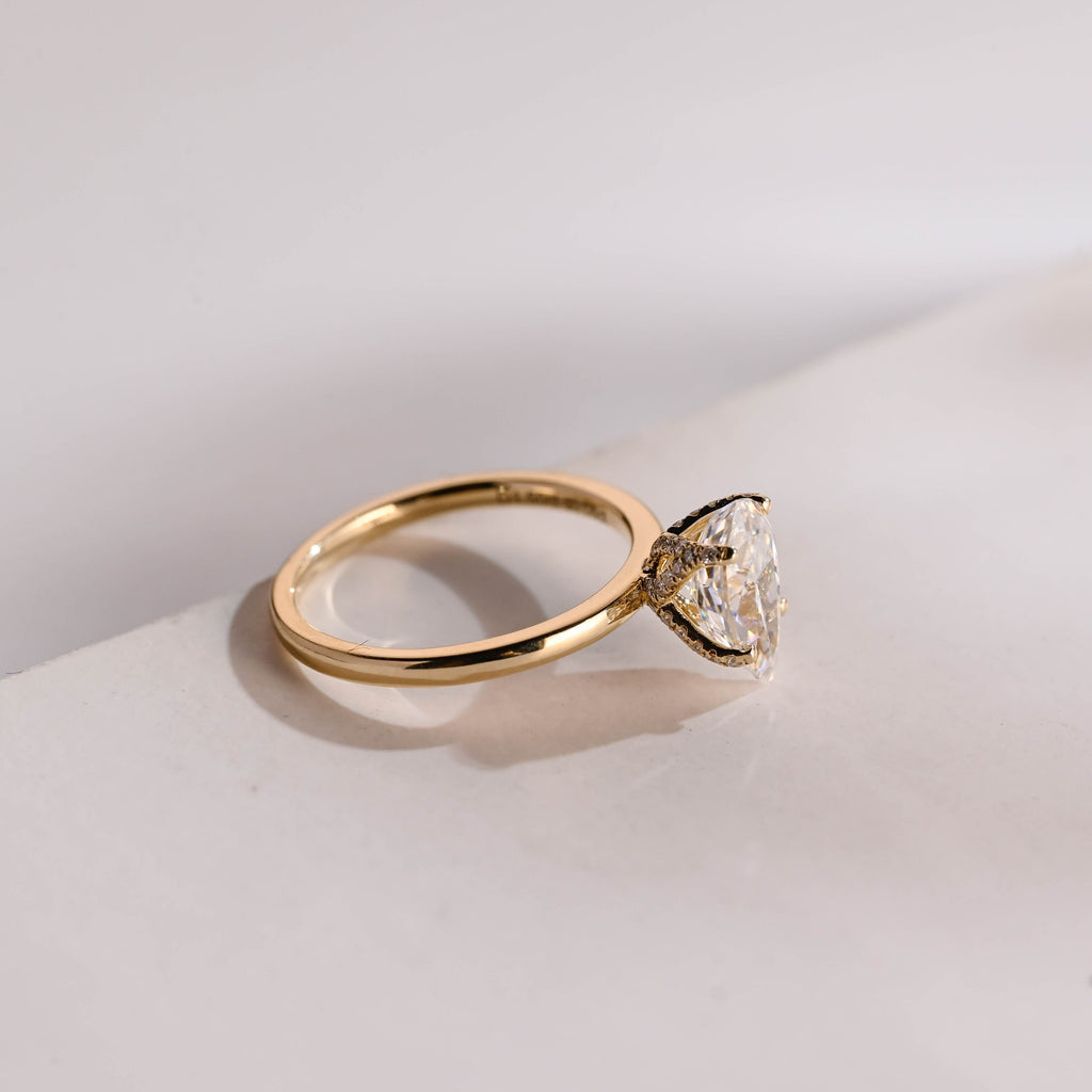 Solid Gold Tulip Flower Pave Crushed Ice Pear Moissanite Engagement Ring