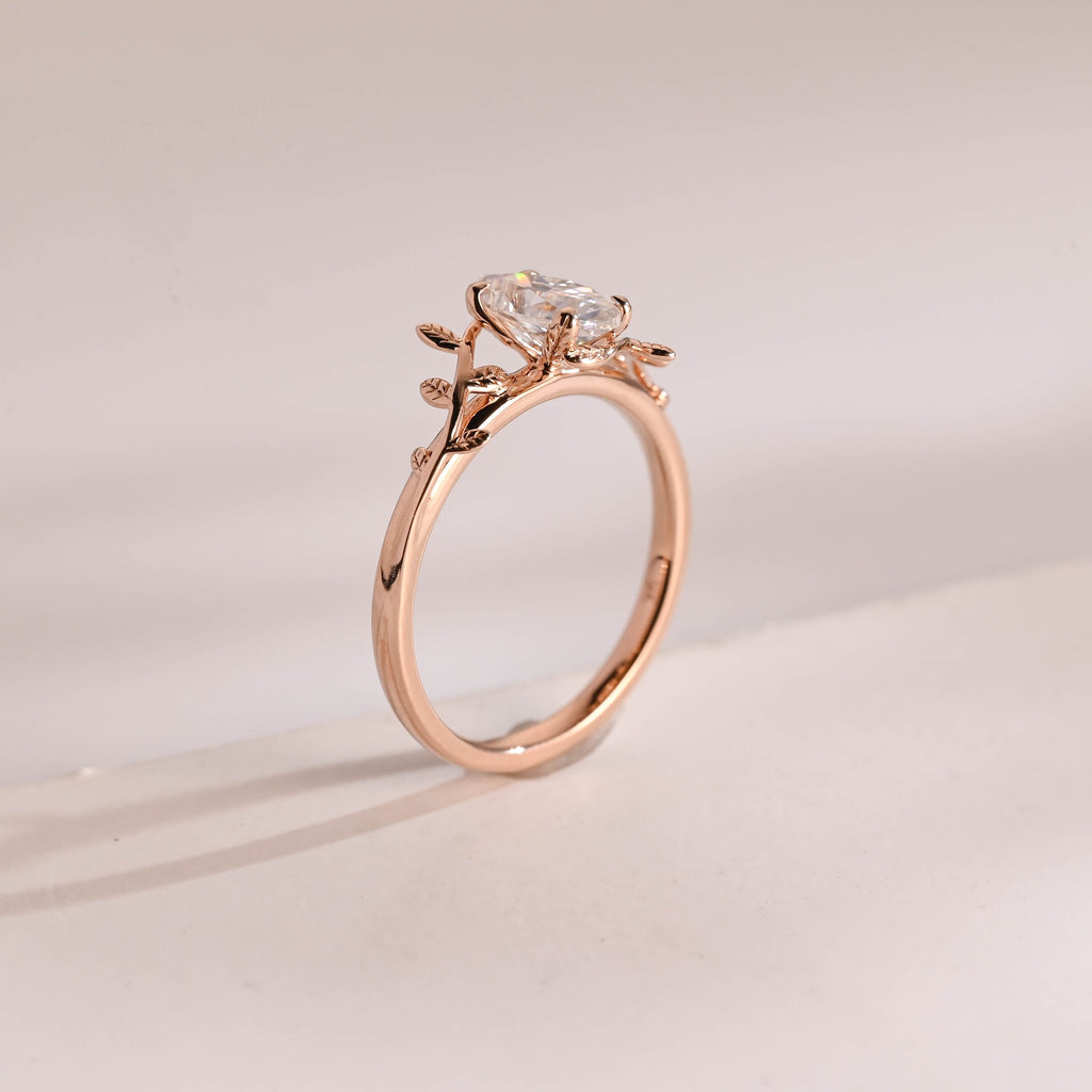 Solid Gold Leaf Ring, Marquise Moissanite Engagement Ring, Proposal Ring