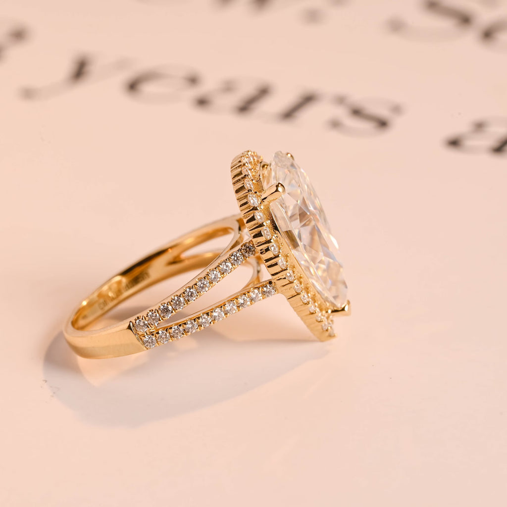 Solid Gold Pear Moissanite Engagement Ring, Double Band Split Shank Halo & Half Eternity Proposal Ring