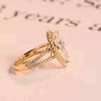Solid Gold Pear Moissanite Engagement Ring, Double Band Split Shank Halo & Half Eternity Proposal Ring