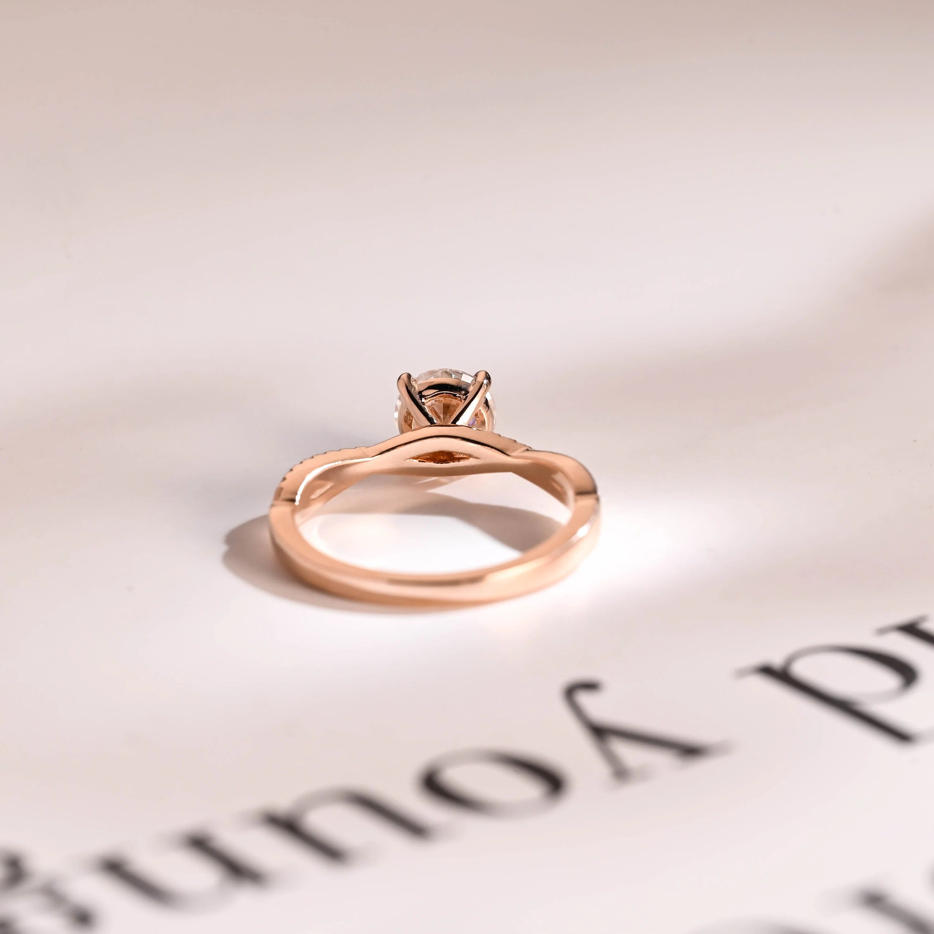 Solid Gold Round Moissanite Engagement Ring, Twisted Band Half Pave Anniversary Ring