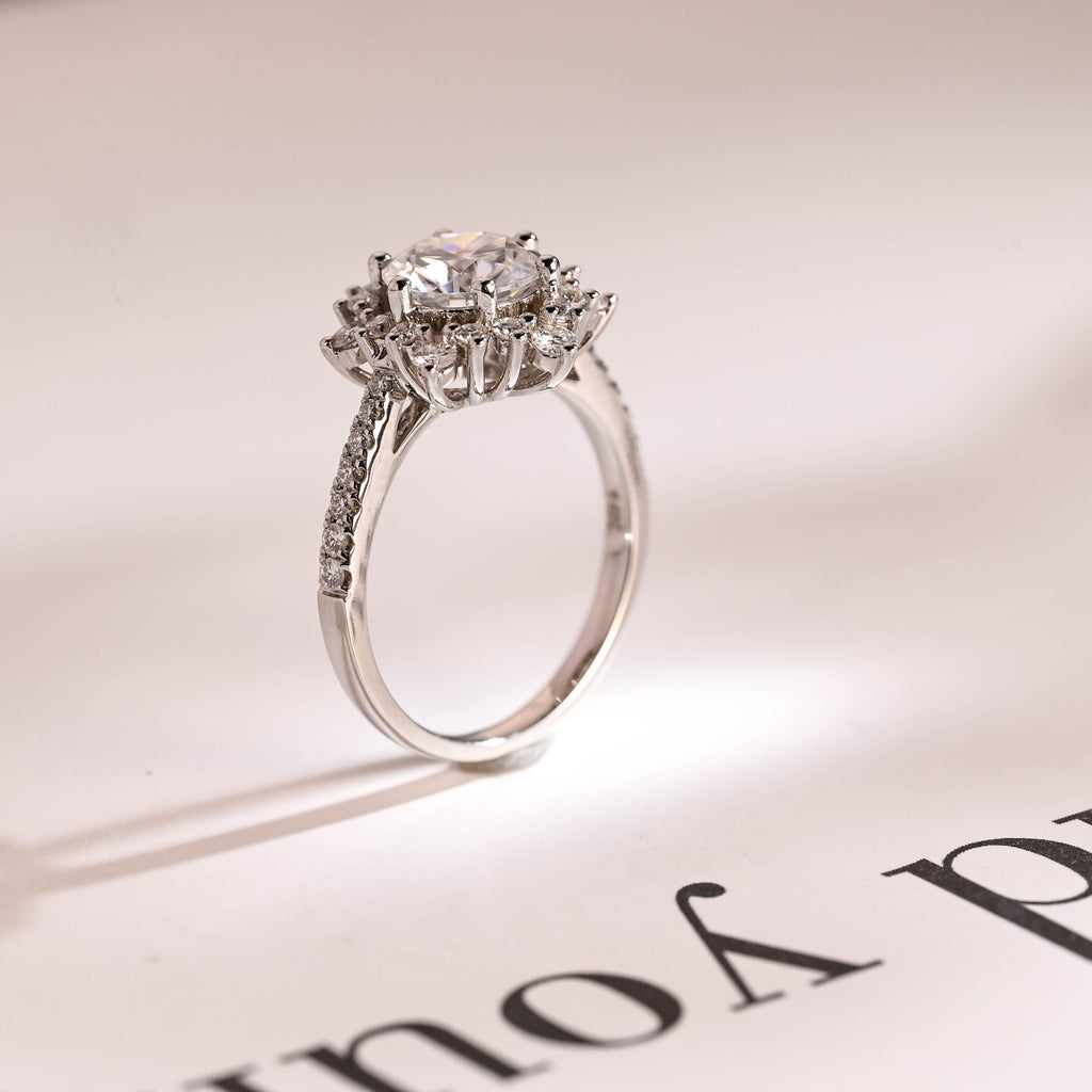 Solid Gold Sunflower Round Moissanite Engagement Ring, Half Eternity Promise Ring