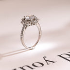 Solid Gold Sunflower Round Moissanite Engagement Ring, Half Eternity Promise Ring