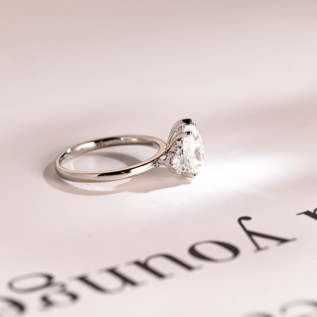 Solid Gold Pear Moissanite Engagement Ring with Accent Stone, Tear Drop Ring