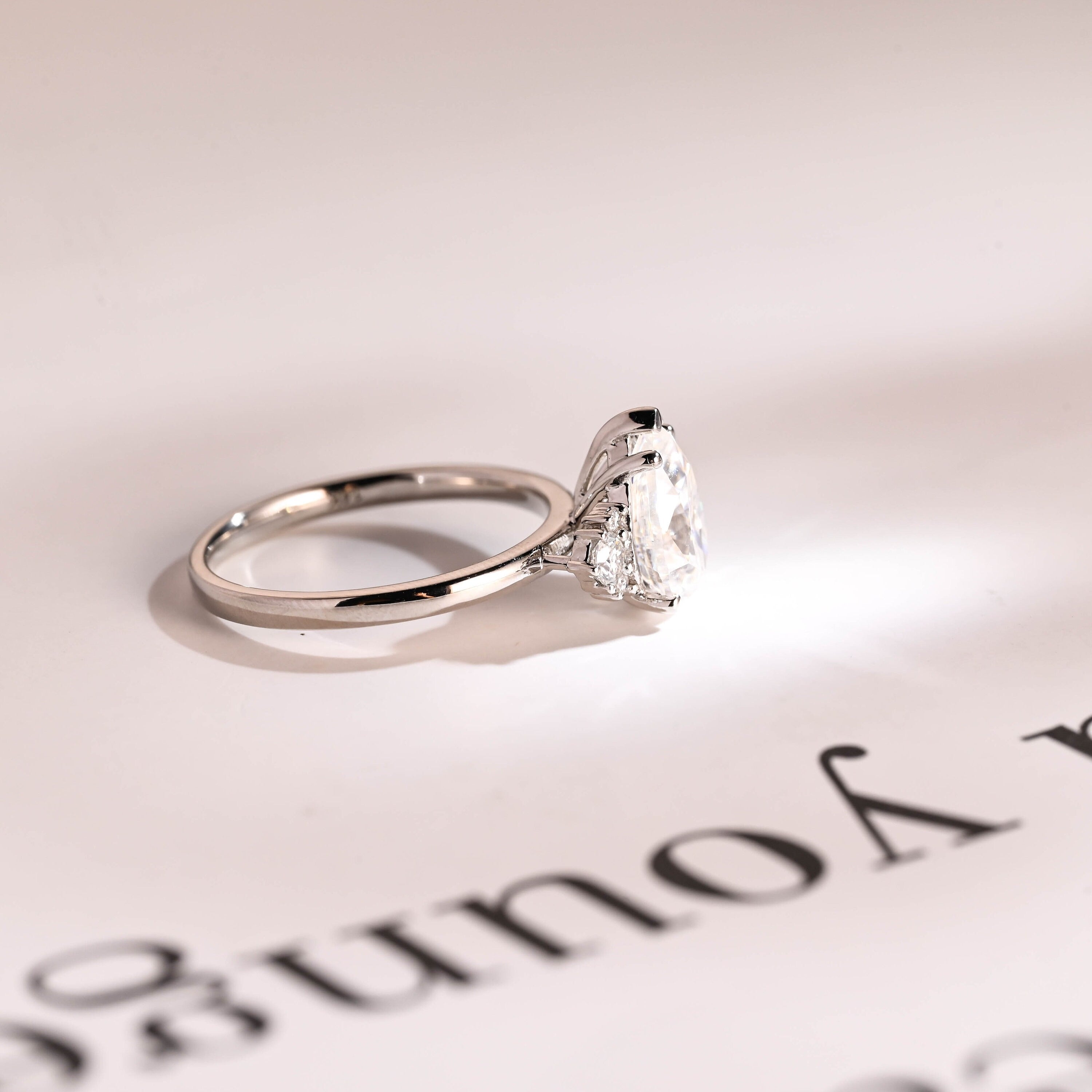 Solid Gold Pear Moissanite Engagement Ring with Accent Stone, Tear Drop Ring