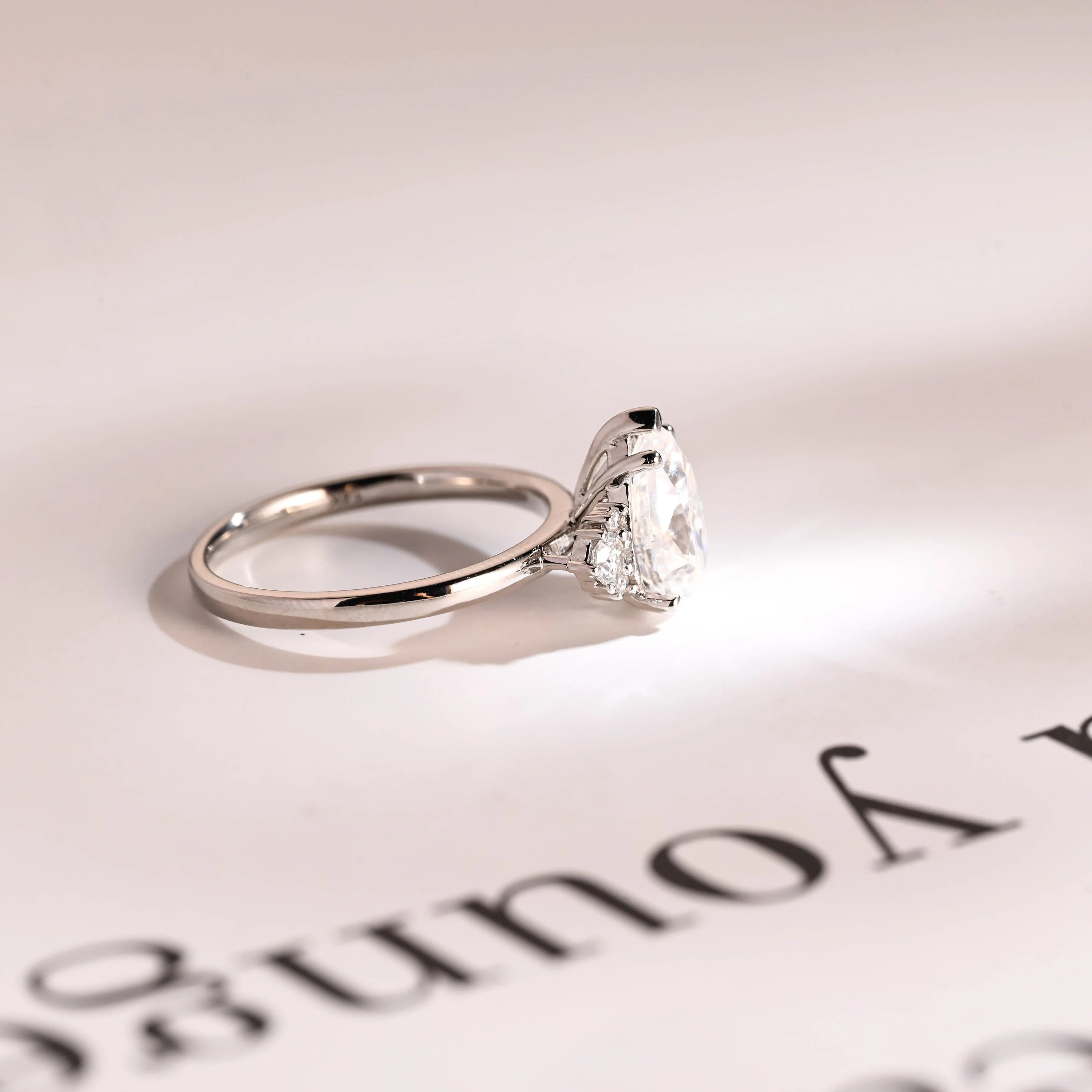 Solid Gold Pear Moissanite Engagement Ring with Accent Stone, Tear Drop Ring