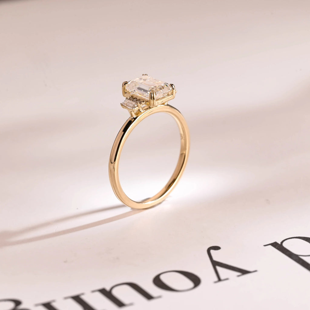 Solid Gold Emerald Cut Moissanite Engagement Ring, Dainty Cluster Promise Ring
